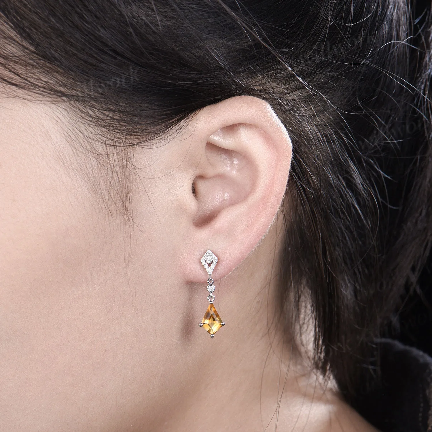 Unique kite citrine moissanite halo earrings yellow gemstone asymmetrical drop earrings studs November bithstone jewelry gifts sold by Willwork Jewelry product image thumbnail 3