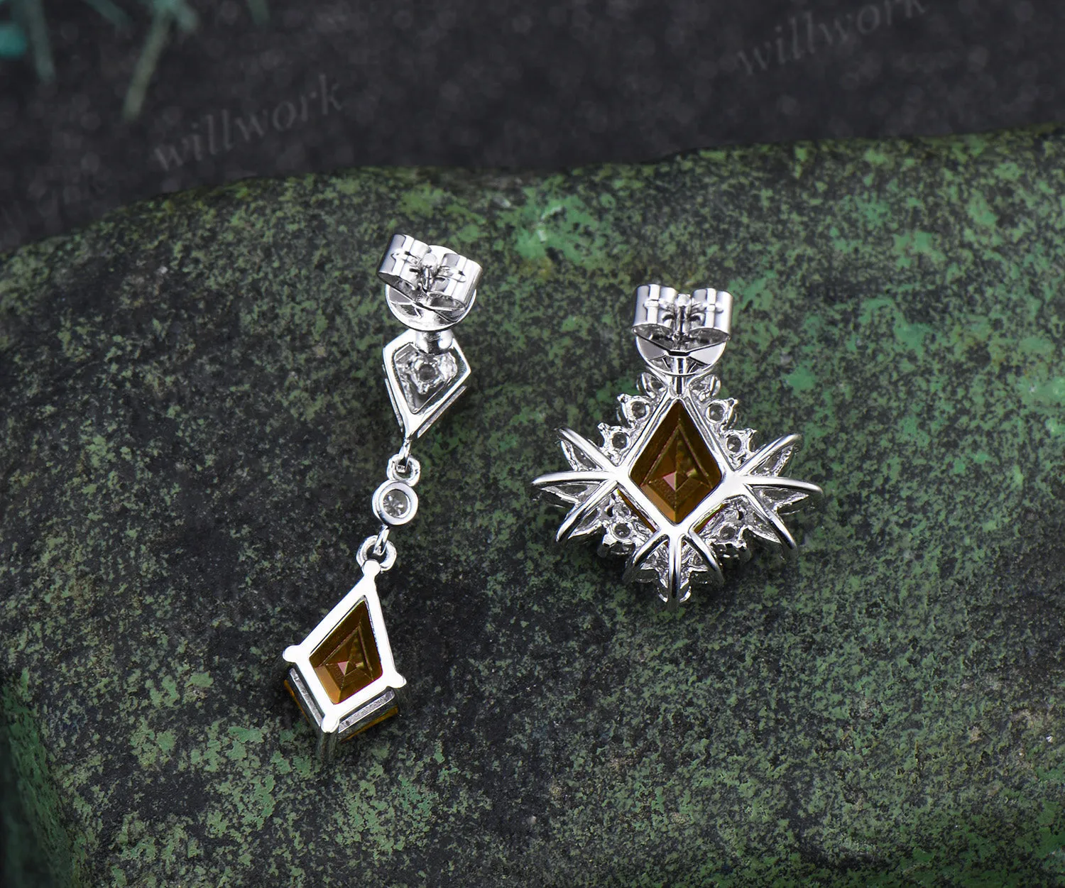 Unique kite citrine moissanite halo earrings yellow gemstone asymmetrical drop earrings studs November bithstone jewelry gifts sold by Willwork Jewelry product image thumbnail 5
