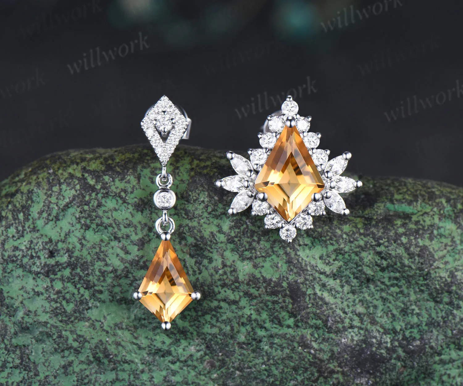Unique kite citrine moissanite halo earrings yellow gemstone asymmetrical drop earrings studs November bithstone jewelry gifts sold by Willwork Jewelry product image thumbnail 4