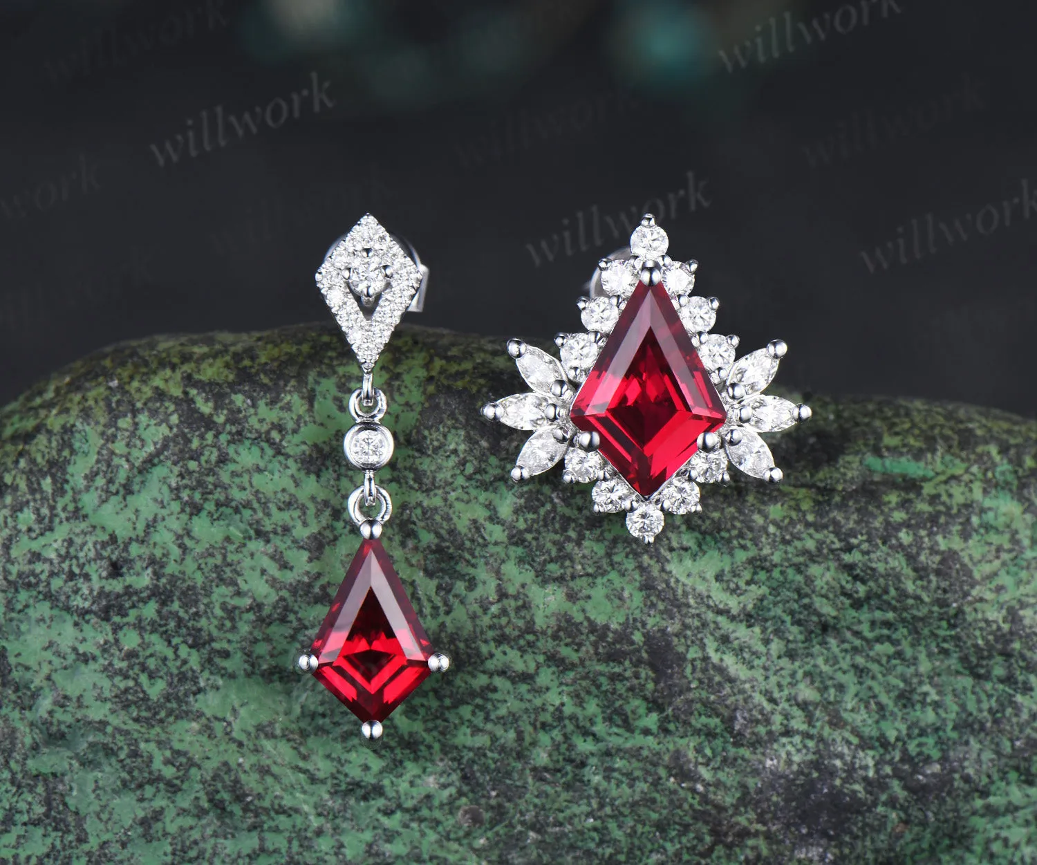 Kite cut ruby asymmetrical earrings drop & stud red gemstone earrings unique mismatched statement jewelry for women sold by Willwork Jewelry product image thumbnail 5