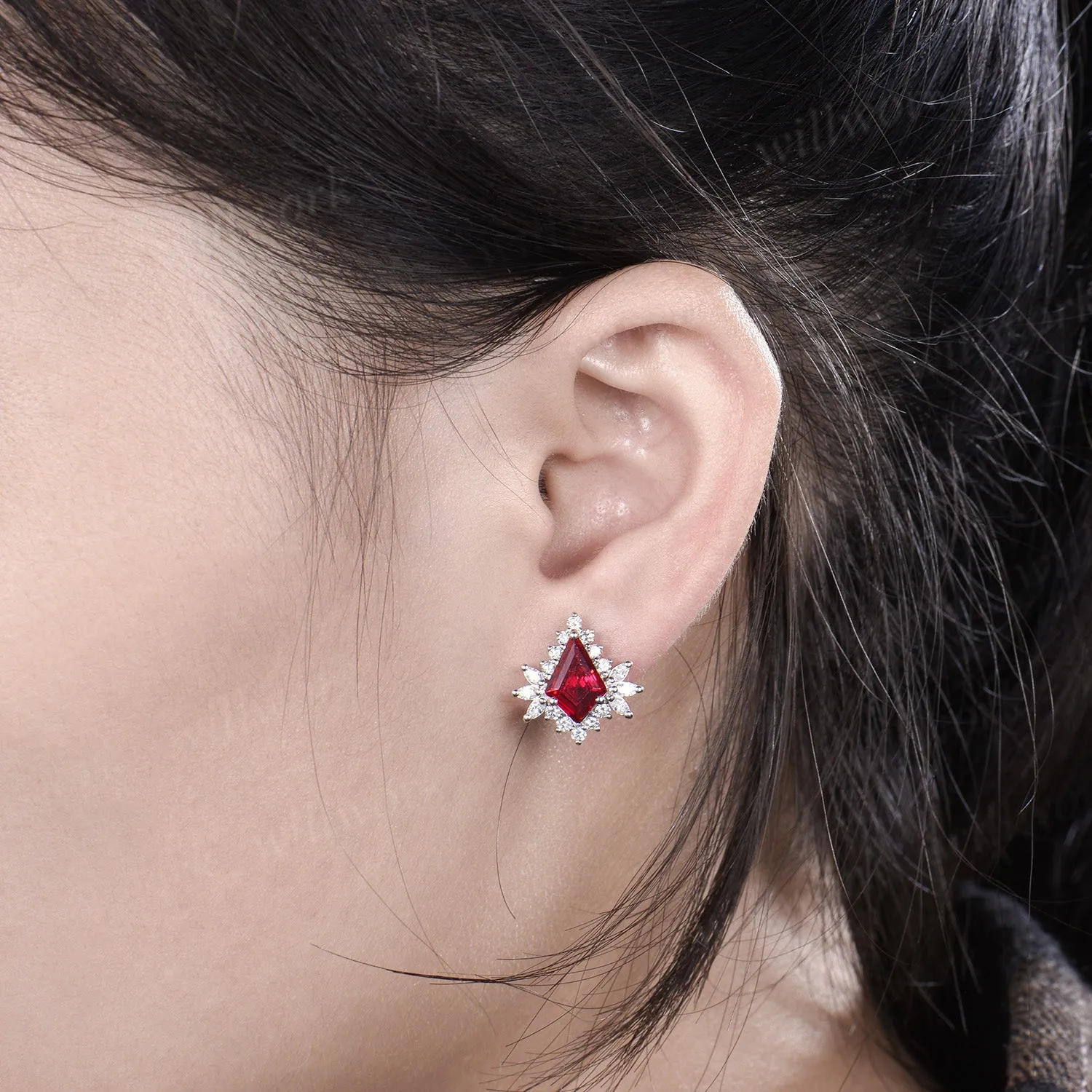Kite cut ruby asymmetrical earrings drop & stud red gemstone earrings unique mismatched statement jewelry for women sold by Willwork Jewelry product image thumbnail 3