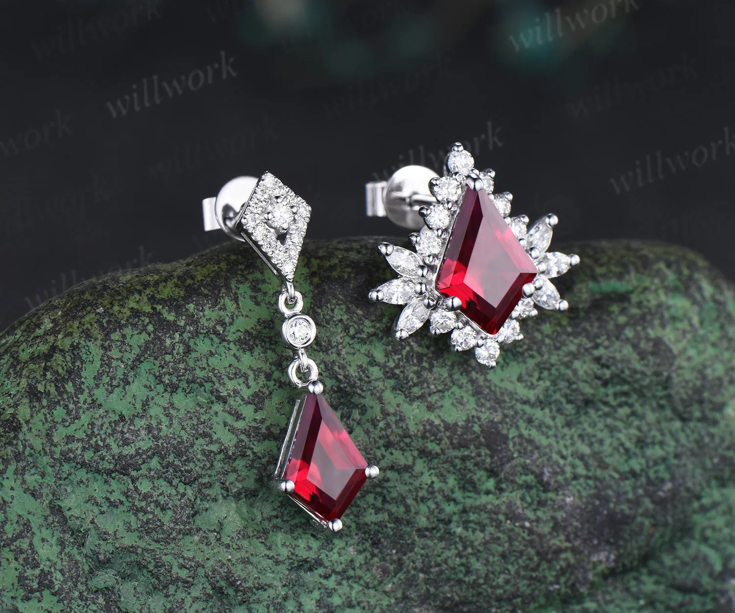 Kite cut ruby asymmetrical earrings drop & stud red gemstone earrings unique mismatched statement jewelry for women sold by Willwork Jewelry