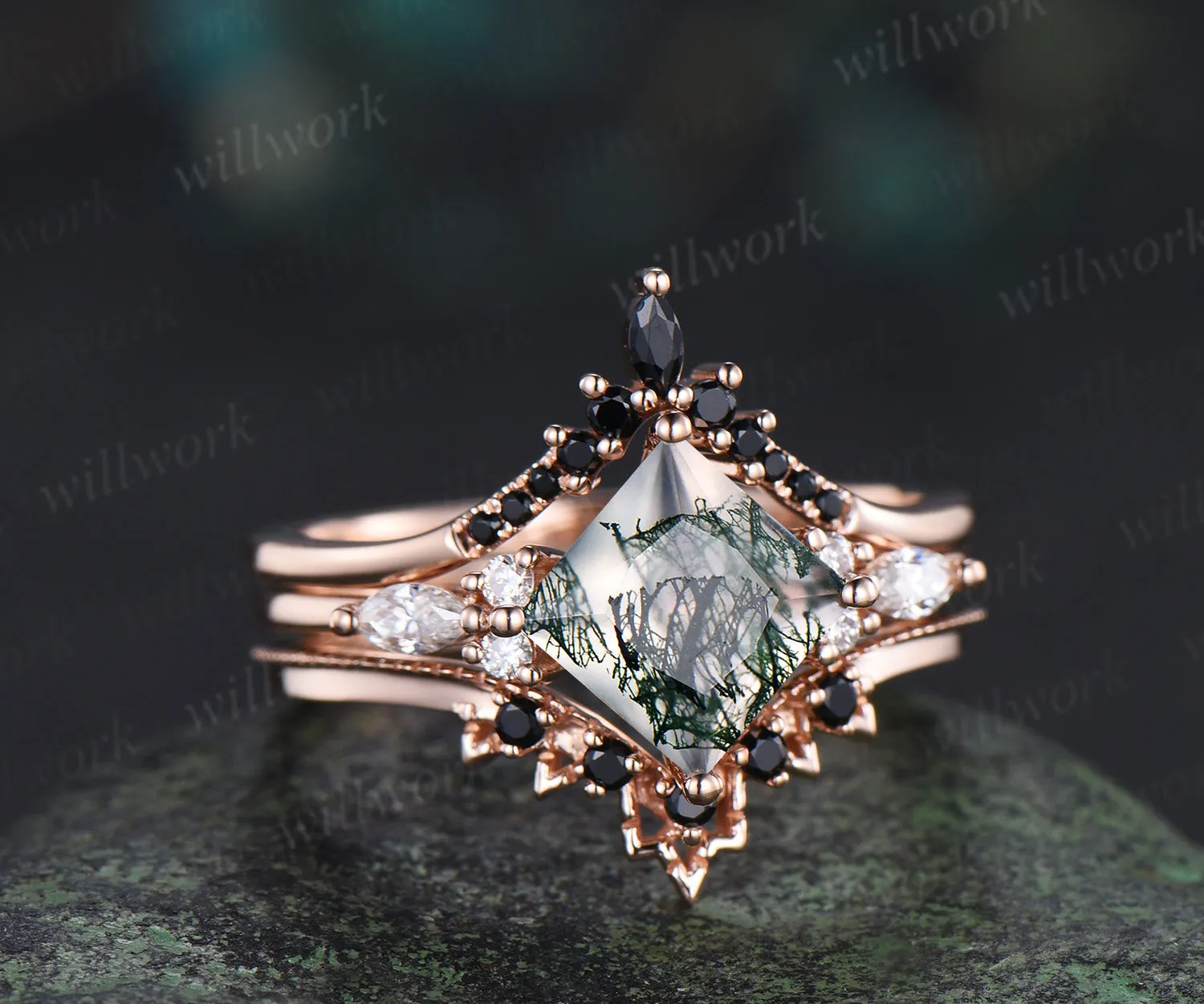 Princess cut moss agate ring set green moss agate marquise moissanite ring unique black spinel band enhancer wrap enchanting bridal set sold by Willwork Jewelry product image thumbnail 3