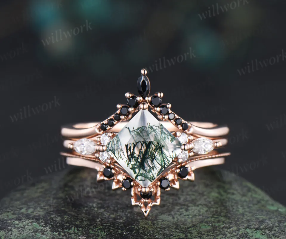 Princess cut moss agate ring set green moss agate marquise moissanite ring unique black spinel band enhancer wrap enchanting bridal set sold by Willwork Jewelry