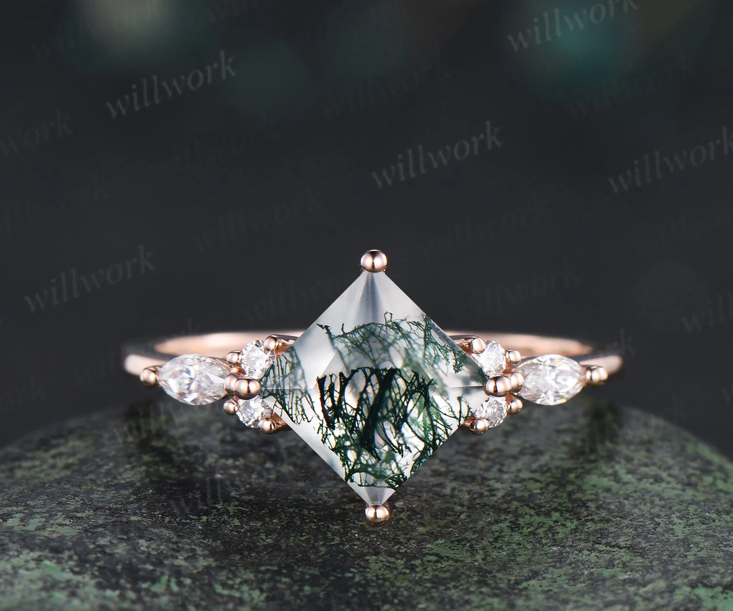Princess cut moss agate ring set green moss agate marquise moissanite ring unique black spinel band enhancer wrap enchanting bridal set sold by Willwork Jewelry product image thumbnail 4