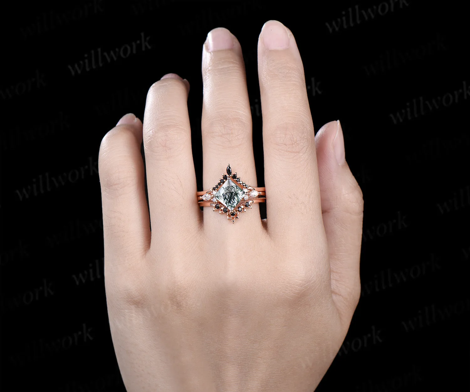 Princess cut moss agate ring set green moss agate marquise moissanite ring unique black spinel band enhancer wrap enchanting bridal set sold by Willwork Jewelry product image thumbnail 2