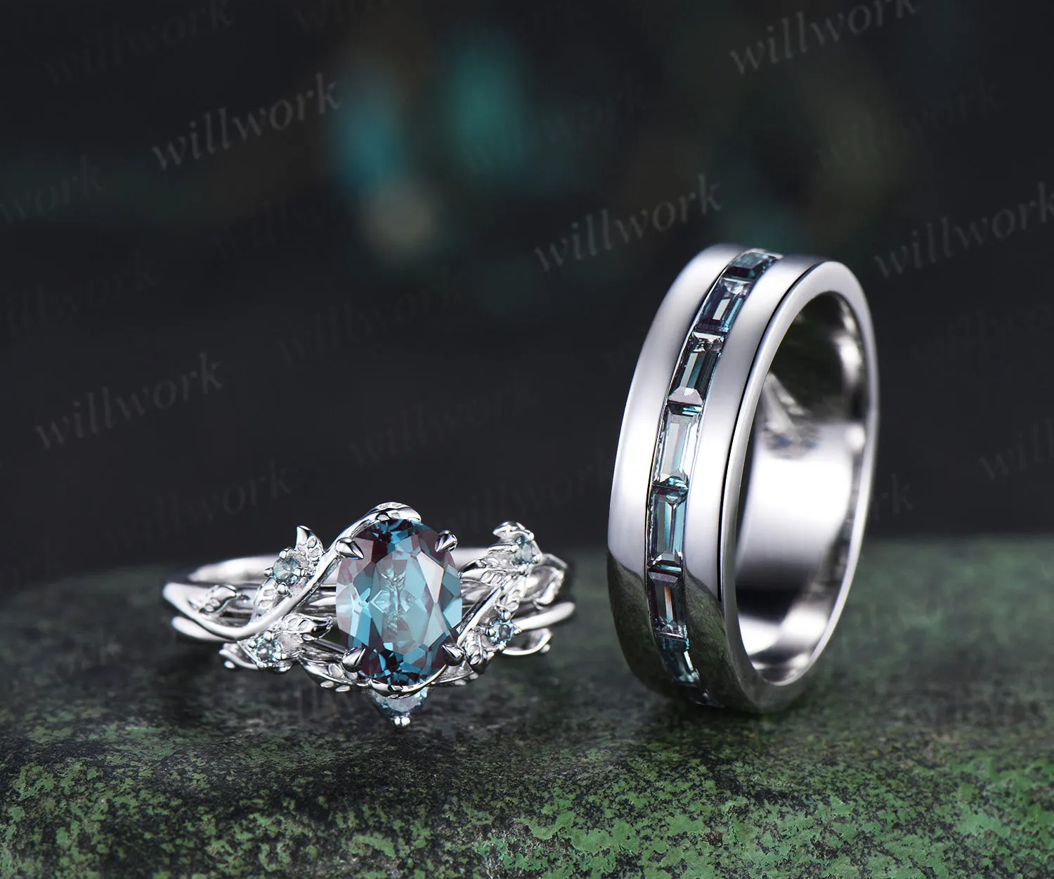 Nature Inspired Oval Alexandrite Ring Leaf Bridal Ring Set & Baguette Alexandrite Half Eternity Men Wedding Ring Unique Couple Ring Set sold by Willwork Jewelry product image thumbnail 3