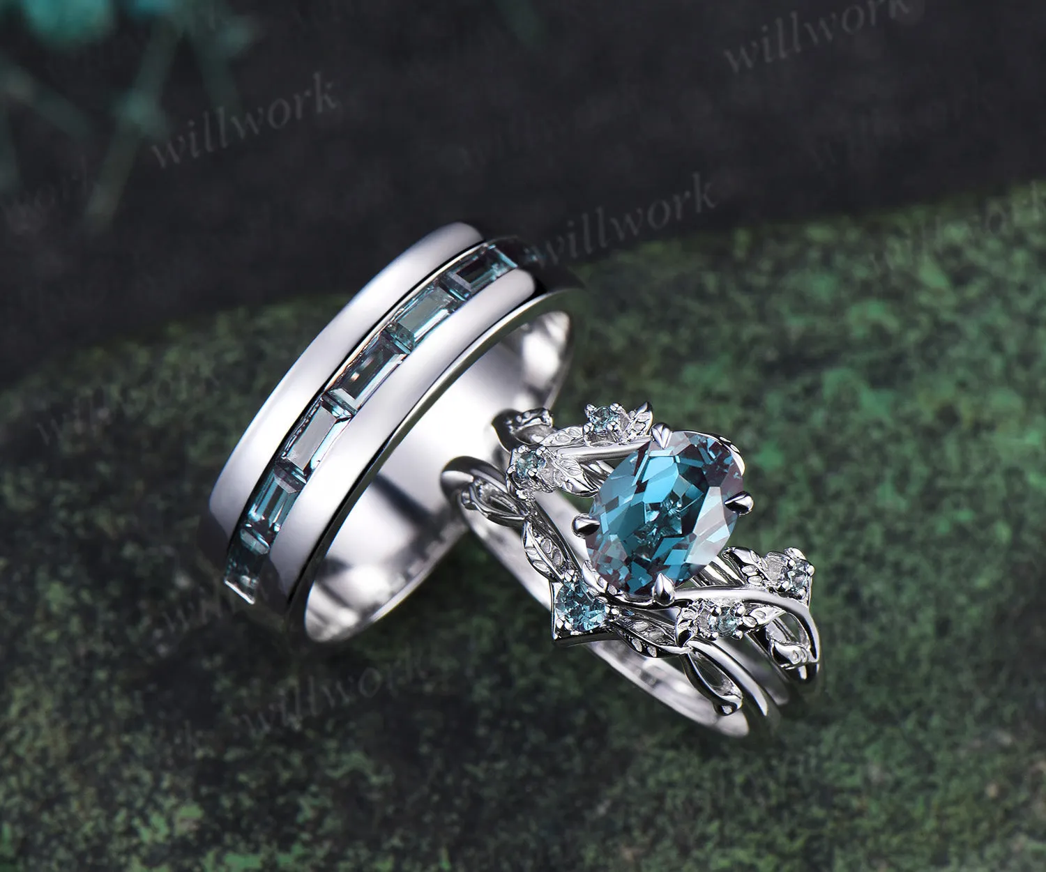 Nature Inspired Oval Alexandrite Ring Leaf Bridal Ring Set & Baguette Alexandrite Half Eternity Men Wedding Ring Unique Couple Ring Set sold by Willwork Jewelry