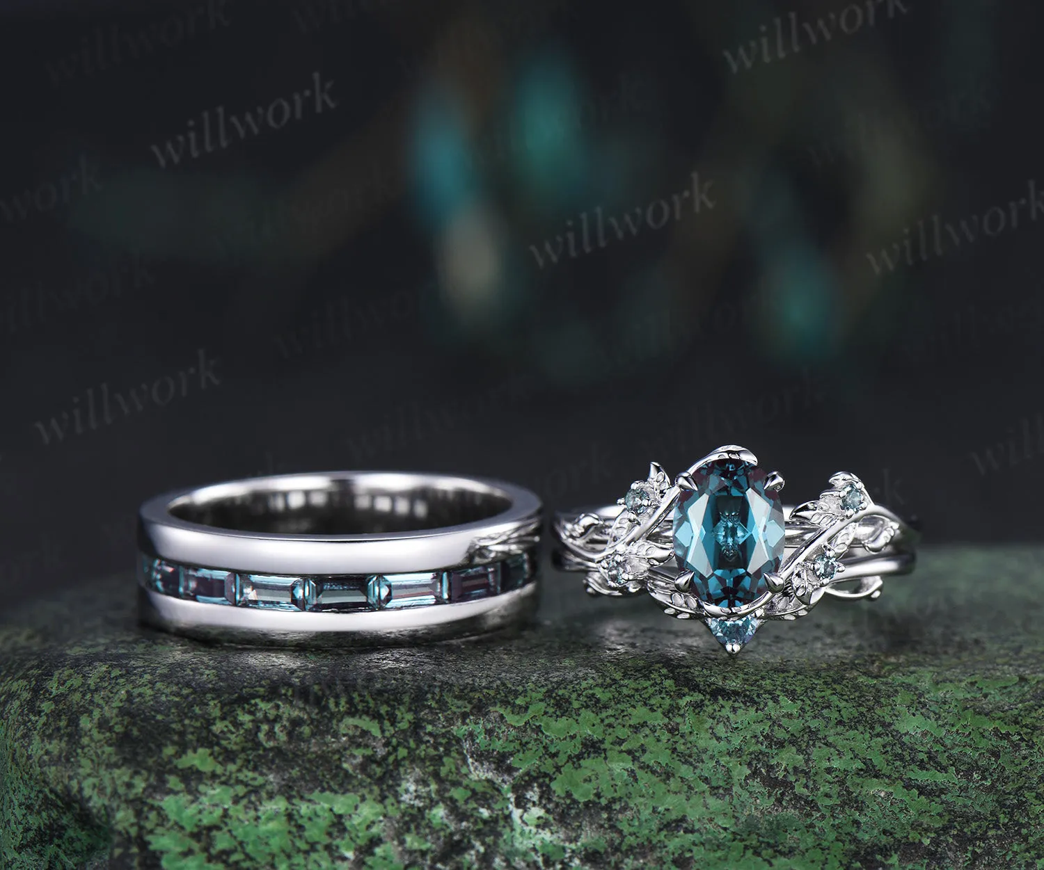Nature Inspired Oval Alexandrite Ring Leaf Bridal Ring Set & Baguette Alexandrite Half Eternity Men Wedding Ring Unique Couple Ring Set sold by Willwork Jewelry product image thumbnail 4