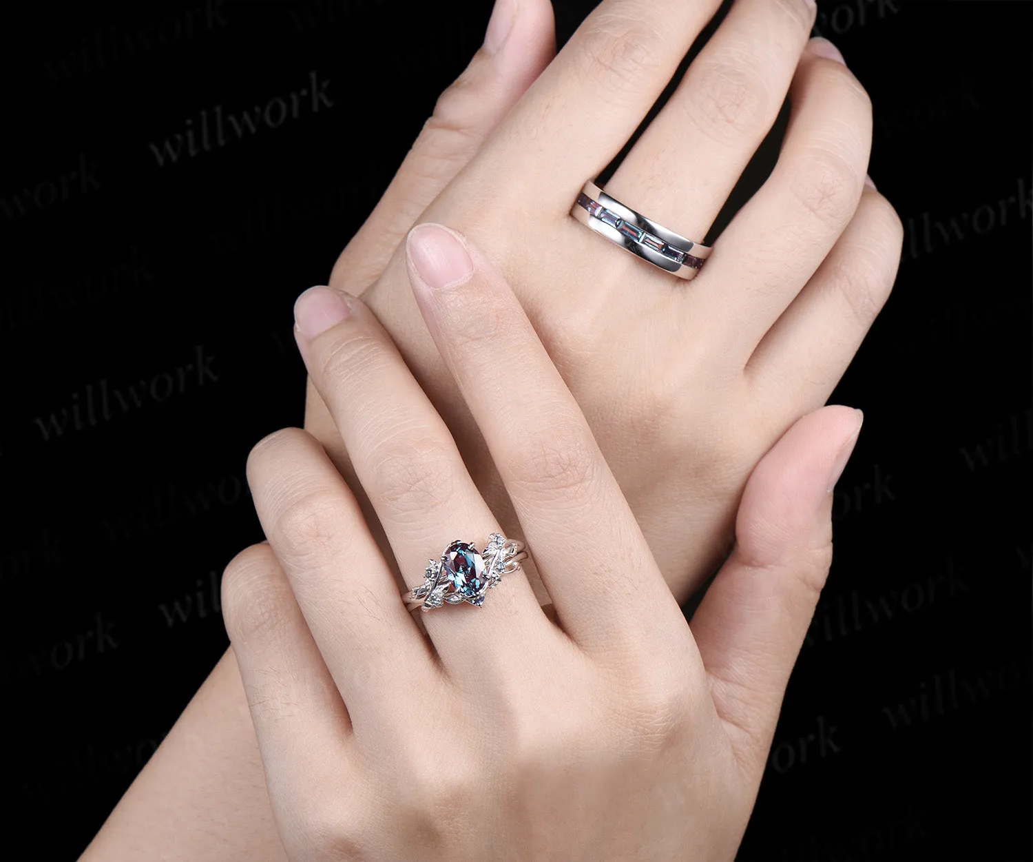 Nature Inspired Oval Alexandrite Ring Leaf Bridal Ring Set & Baguette Alexandrite Half Eternity Men Wedding Ring Unique Couple Ring Set sold by Willwork Jewelry product image thumbnail 5