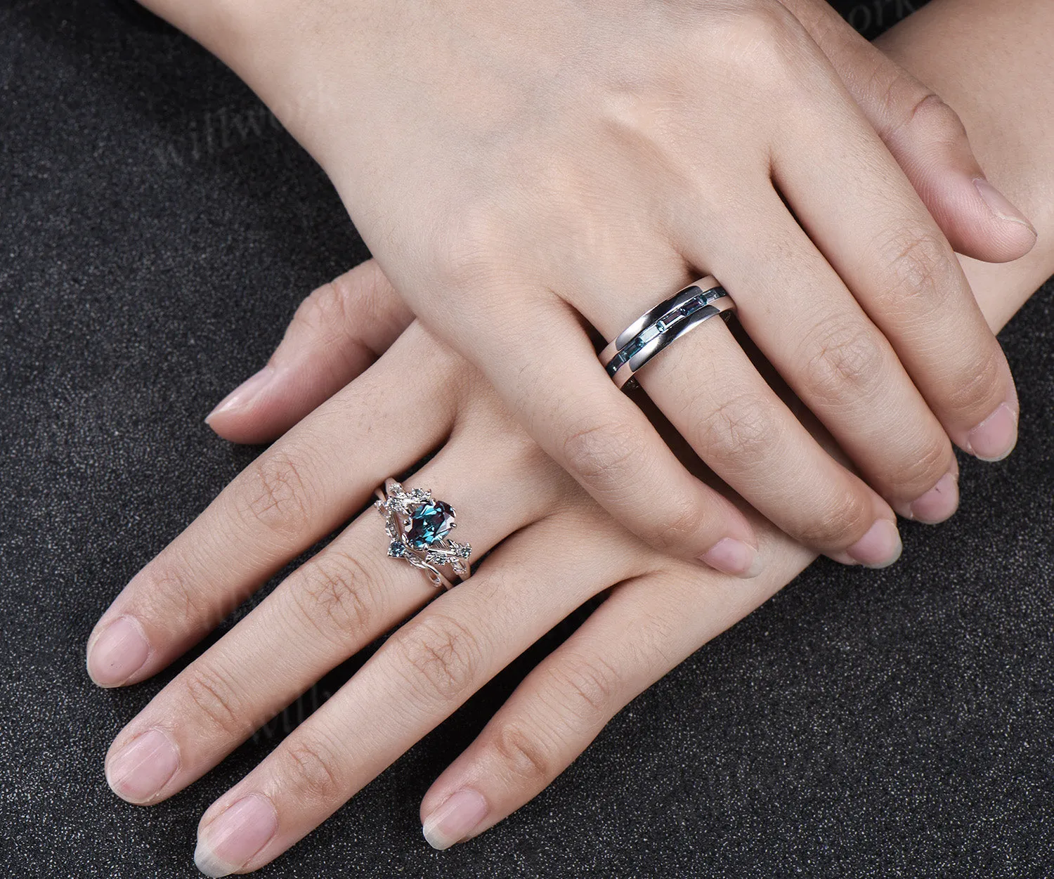 Nature Inspired Oval Alexandrite Ring Leaf Bridal Ring Set & Baguette Alexandrite Half Eternity Men Wedding Ring Unique Couple Ring Set sold by Willwork Jewelry product image thumbnail 2