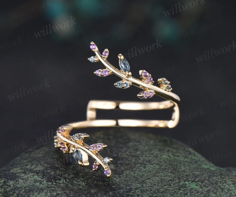 Natural London blue topaz amethyst wedding band enhancer wraps solid 14k yellow gold cluster leaf twig ring open gap band made by Willwork Jewelry