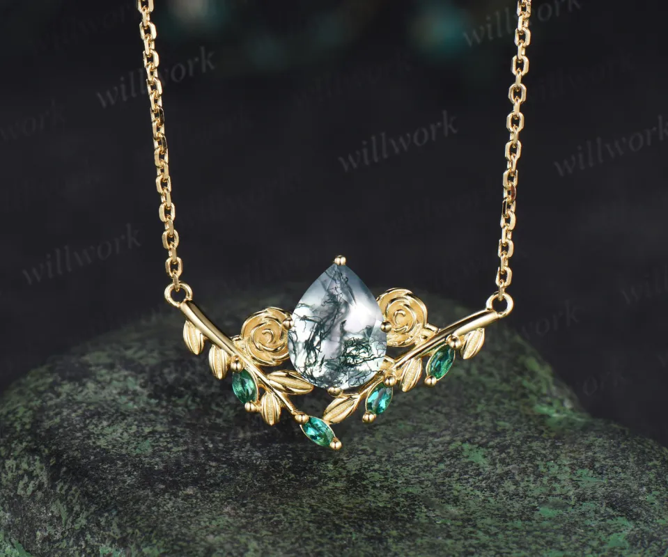 Nature inspired pear moss agate pendant necklace unique leaf rose marquise emerald yellow gold pendant wedding anniversary gifts sold by Willwork Jewelry