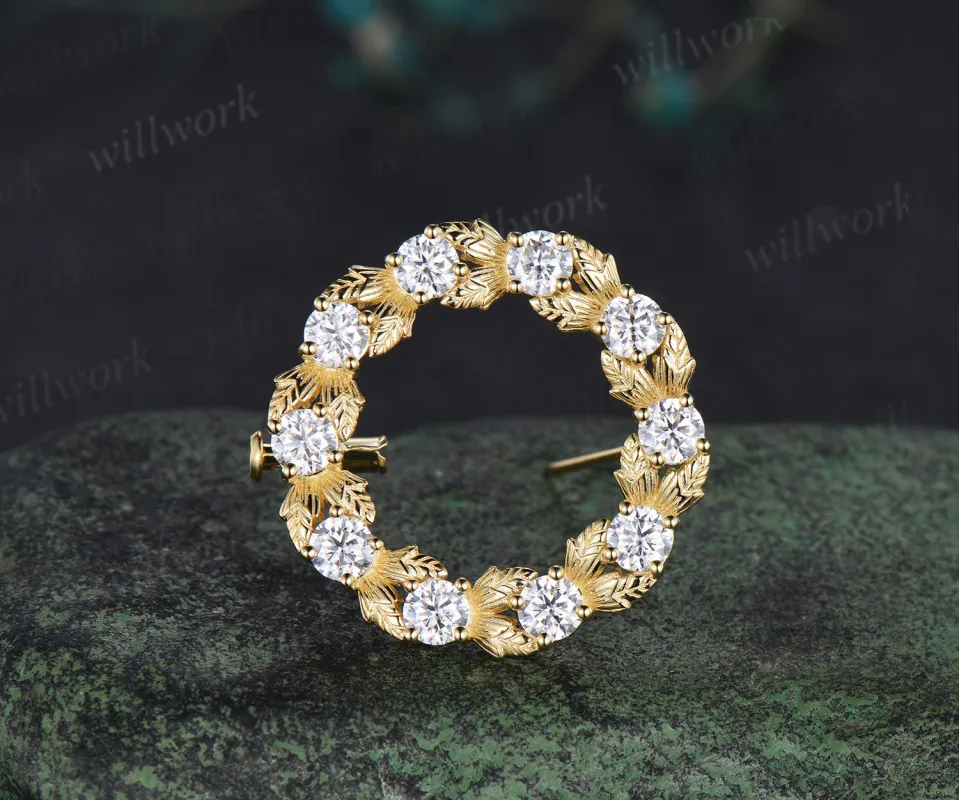 Moissanite wreath brooch nature inspired leaf circle lapel pin elegant jewelry gifts for women sold by Willwork Jewelry