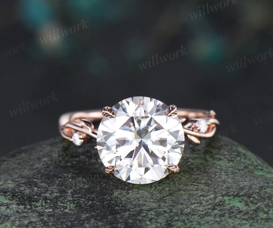 4ct round brilliant cut moissanite leaf branch ring nature inspired moissanite diamonds engagement ring wedding anniversary gifts made by Willwork Jewelry