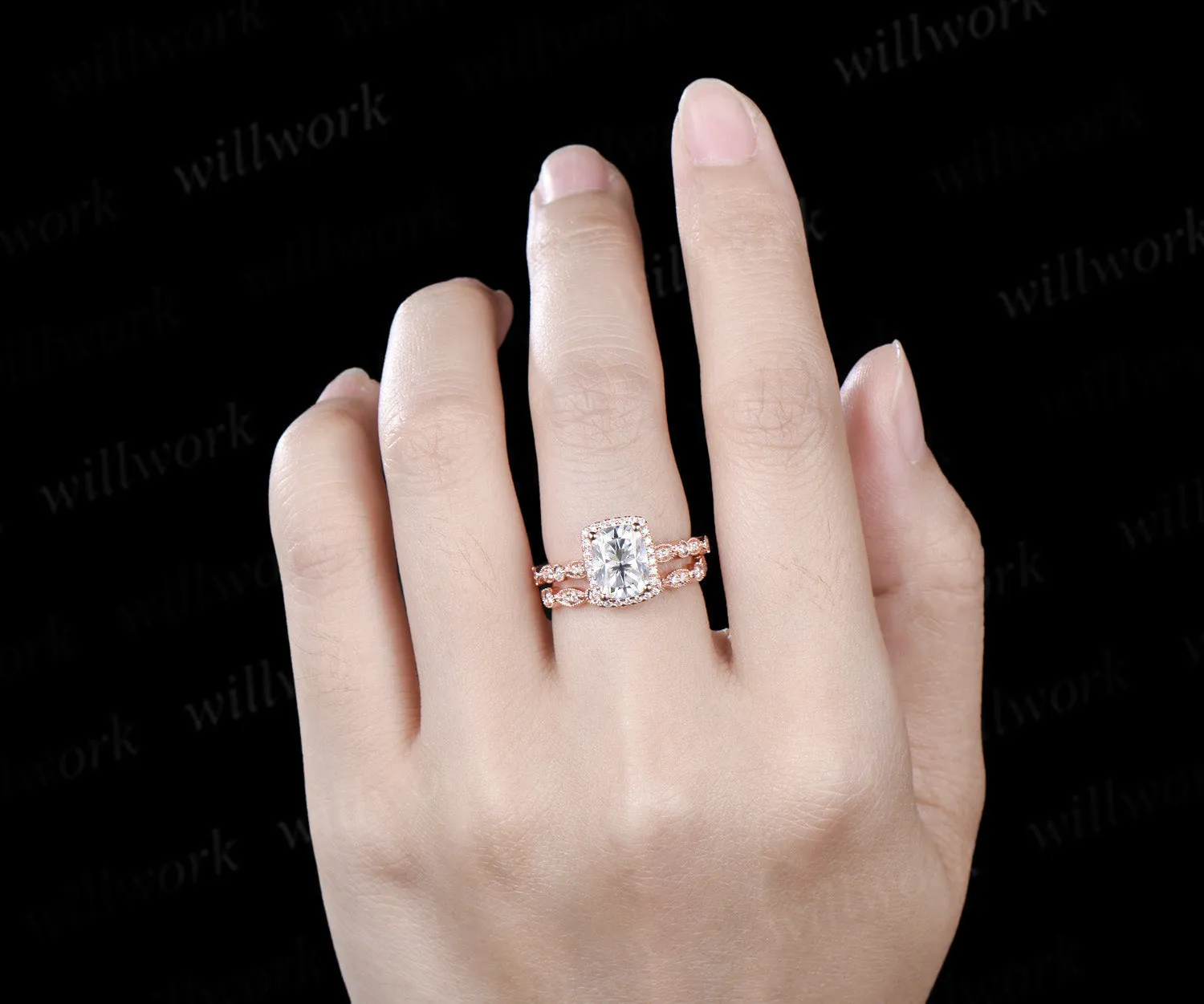 6x8mm cushion cut moissanite engagement ring set rose gold unique halo milgrain ring art deco diamonds half eternity wedding band antique bridal set sold by Willwork Jewelry product image thumbnail 2