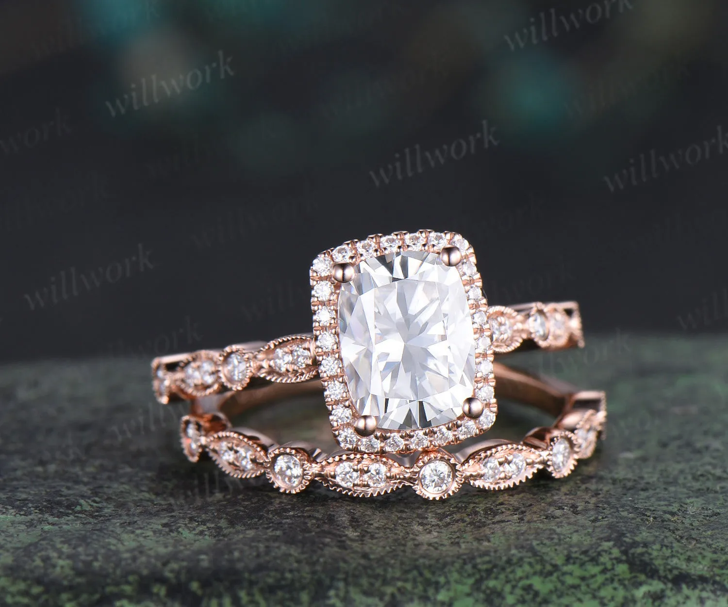 6x8mm cushion cut moissanite engagement ring set rose gold unique halo milgrain ring art deco diamonds half eternity wedding band antique bridal set sold by Willwork Jewelry product image thumbnail 4