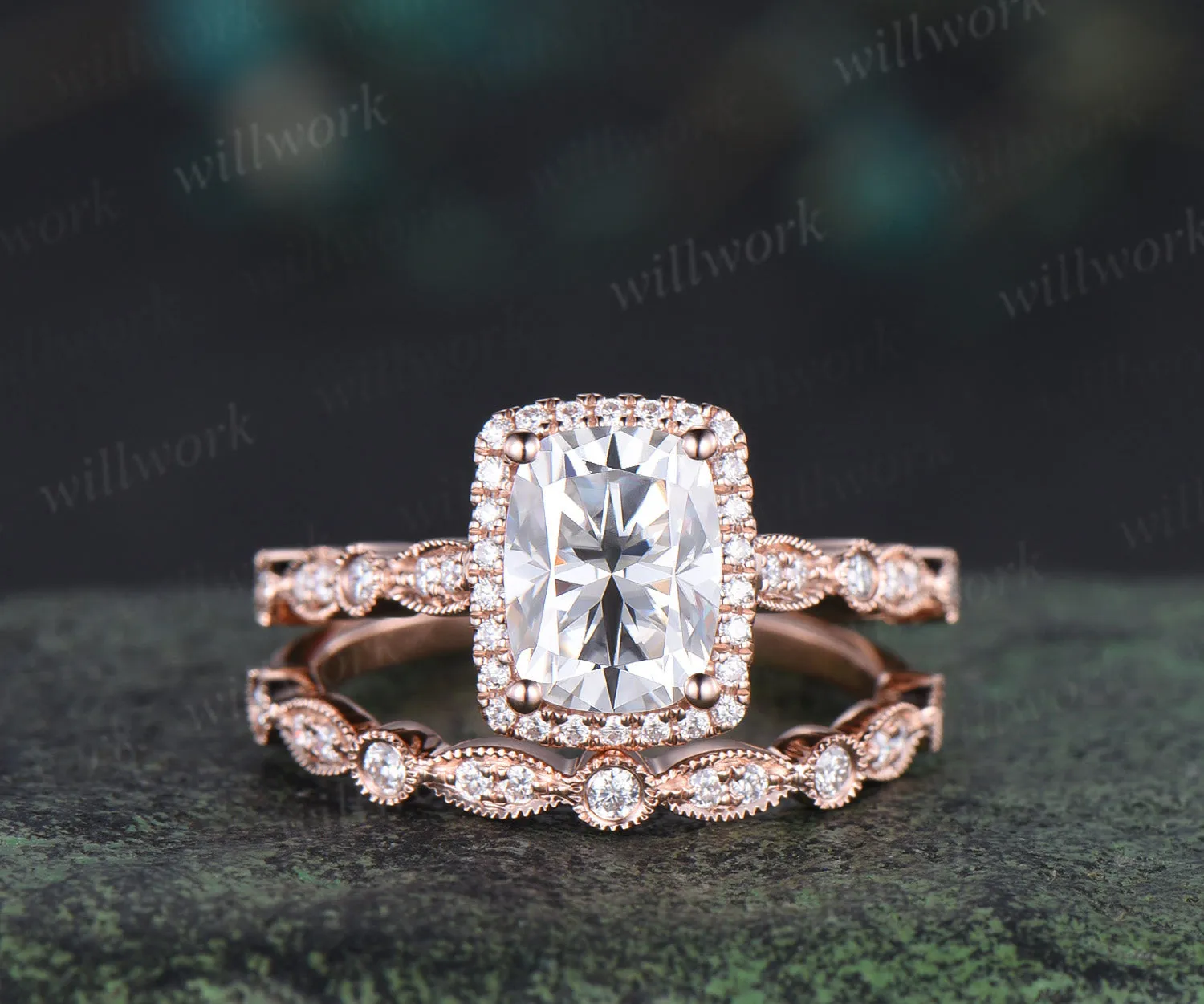 6x8mm cushion cut moissanite engagement ring set rose gold unique halo milgrain ring art deco diamonds half eternity wedding band antique bridal set sold by Willwork Jewelry