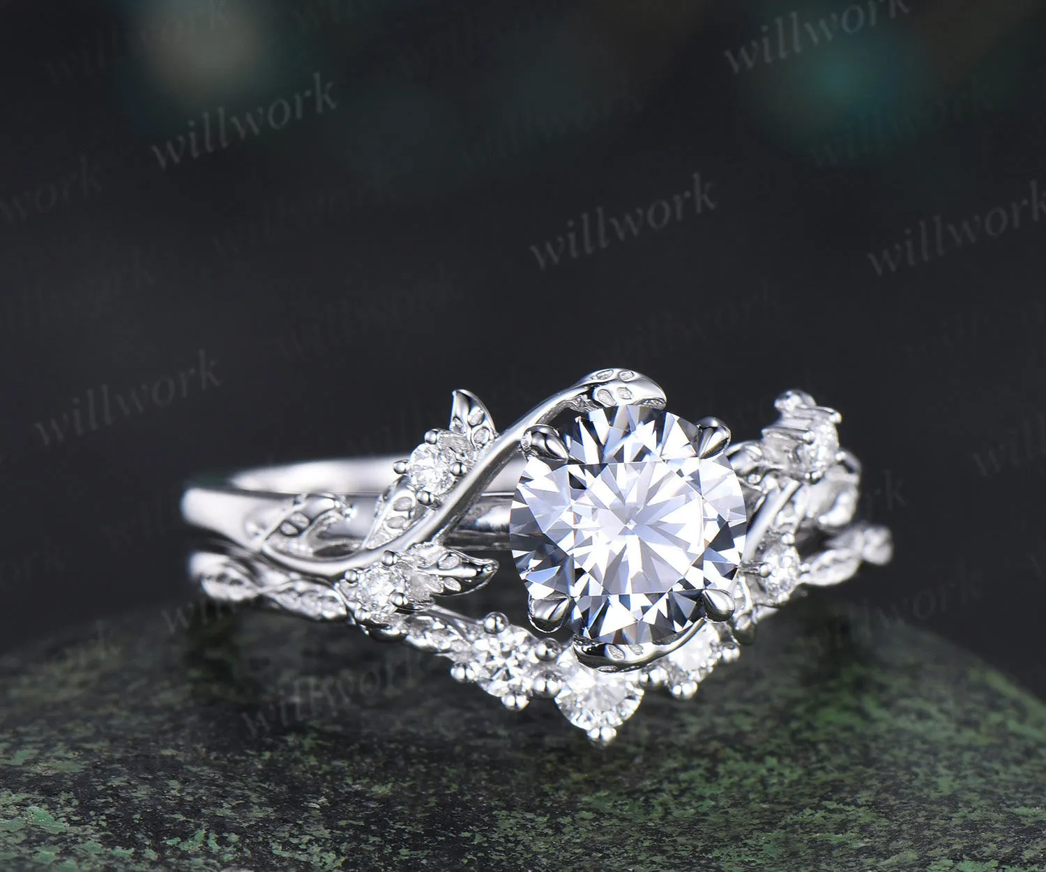 Round cut gray moissanite ring set nature inspired leaf moissanite ring matching wedding band unique bridal set jewelry gifts sold by Willwork Jewelry product image thumbnail 3
