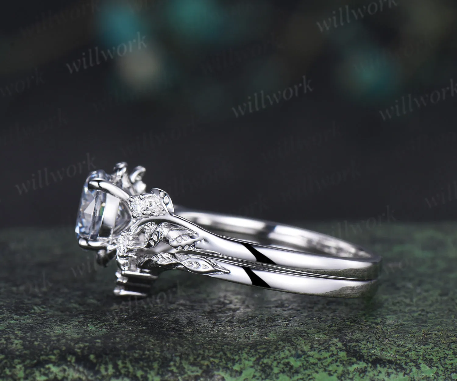 Round cut gray moissanite ring set nature inspired leaf moissanite ring matching wedding band unique bridal set jewelry gifts sold by Willwork Jewelry product image thumbnail 5