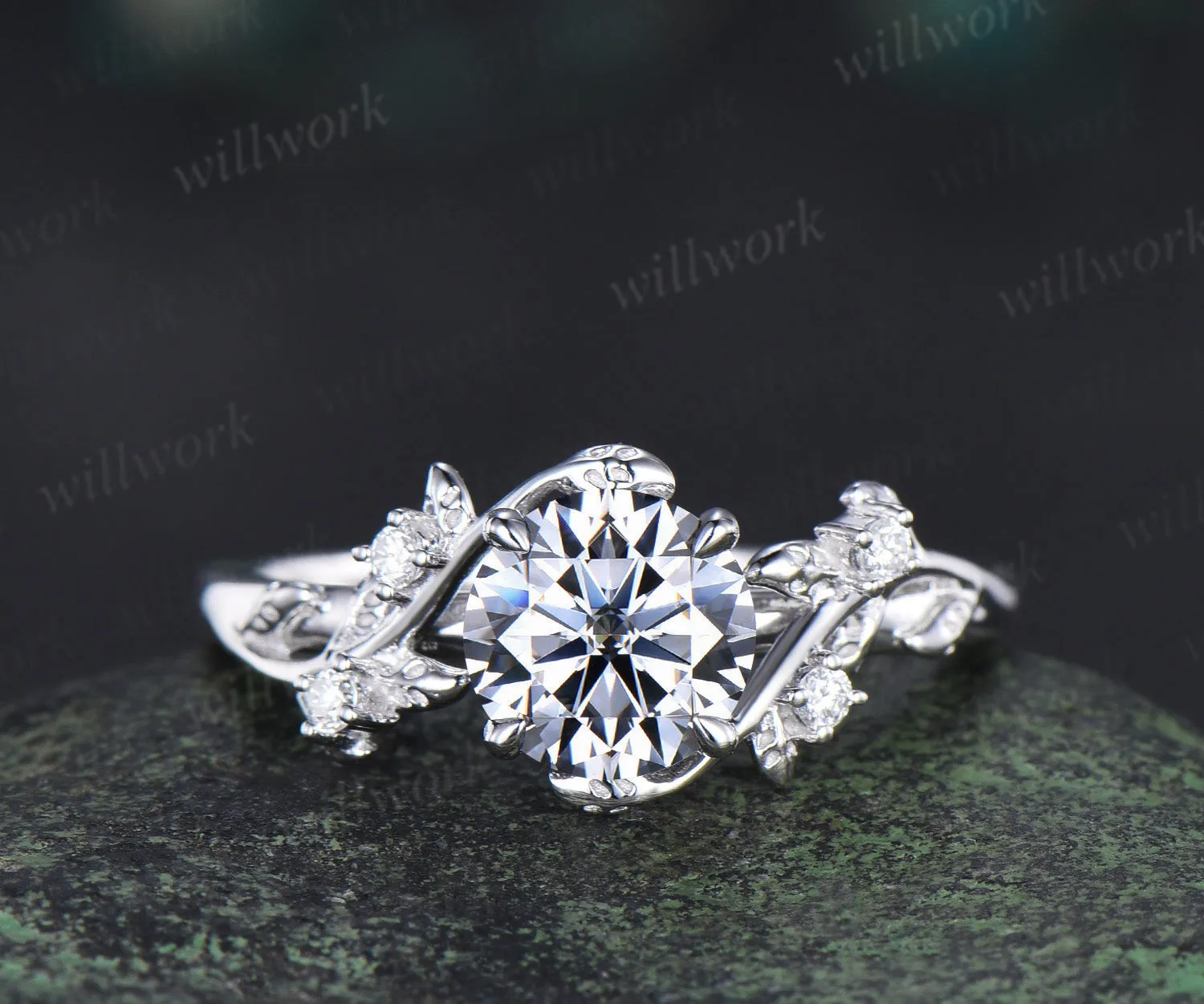 Round cut gray moissanite ring set nature inspired leaf moissanite ring matching wedding band unique bridal set jewelry gifts sold by Willwork Jewelry product image thumbnail 4