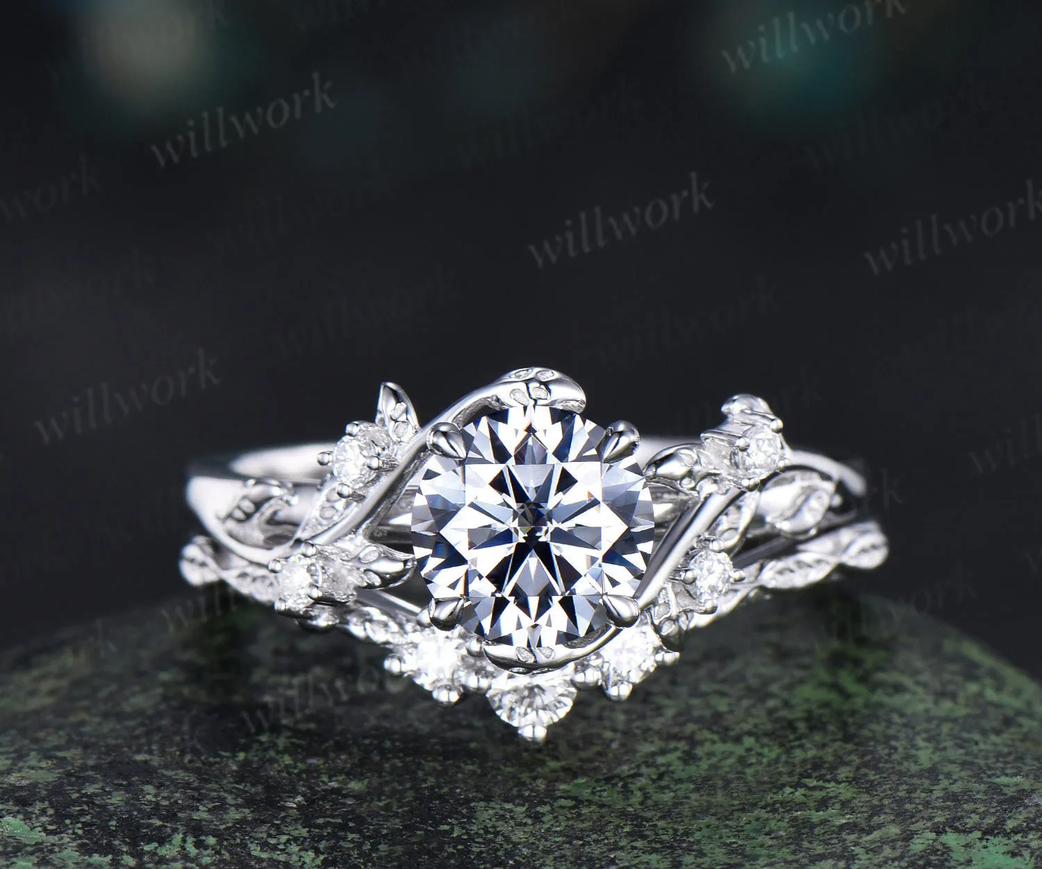 Round cut gray moissanite ring set nature inspired leaf moissanite ring matching wedding band unique bridal set jewelry gifts sold by Willwork Jewelry