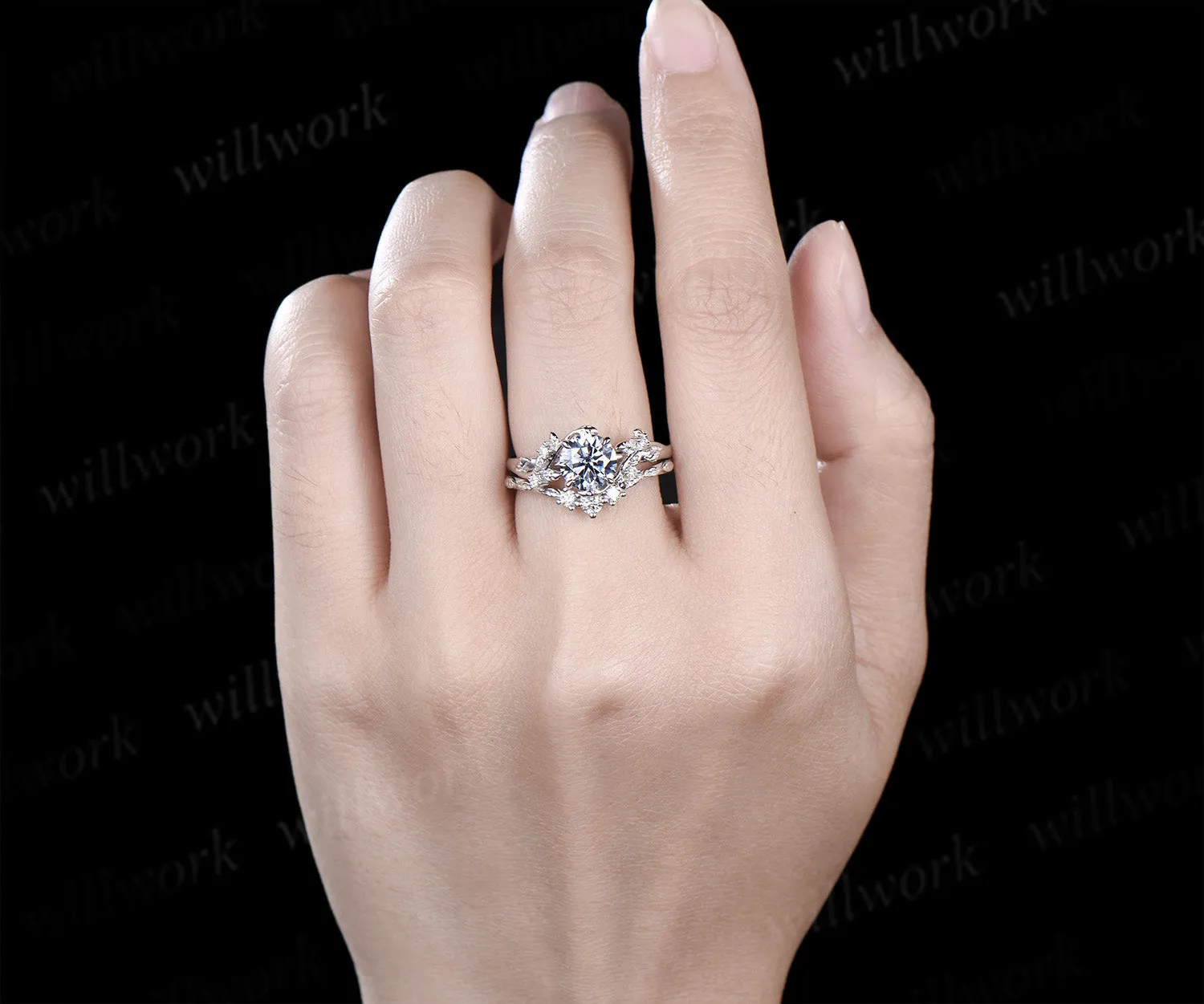 Round cut gray moissanite ring set nature inspired leaf moissanite ring matching wedding band unique bridal set jewelry gifts sold by Willwork Jewelry product image thumbnail 2
