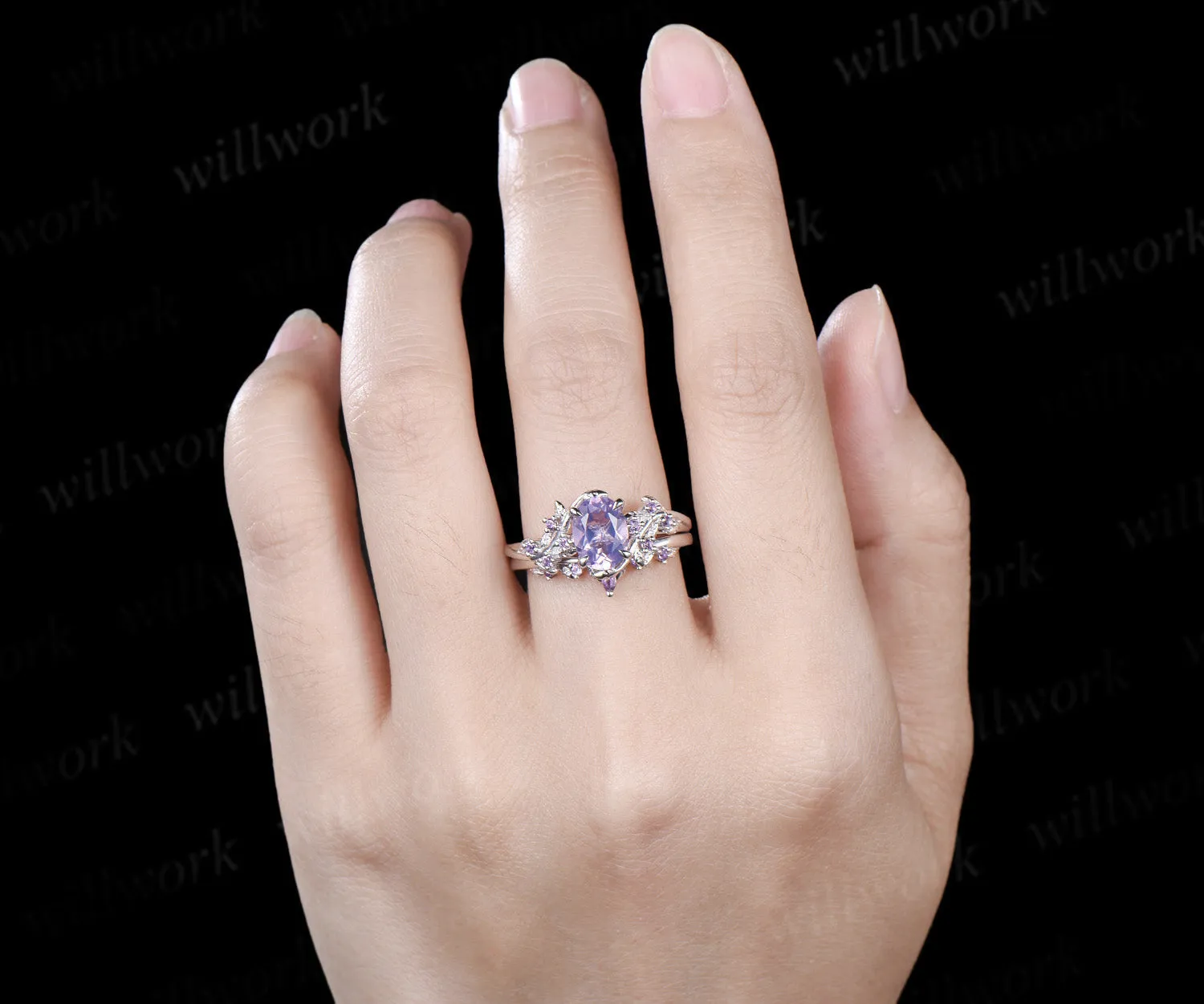 Vintage oval cut Lavender Amethyst engagement ring set amethyst leaf ring curved marquise purple crystal band unique bridal set sold by Willwork Jewelry product image thumbnail 3