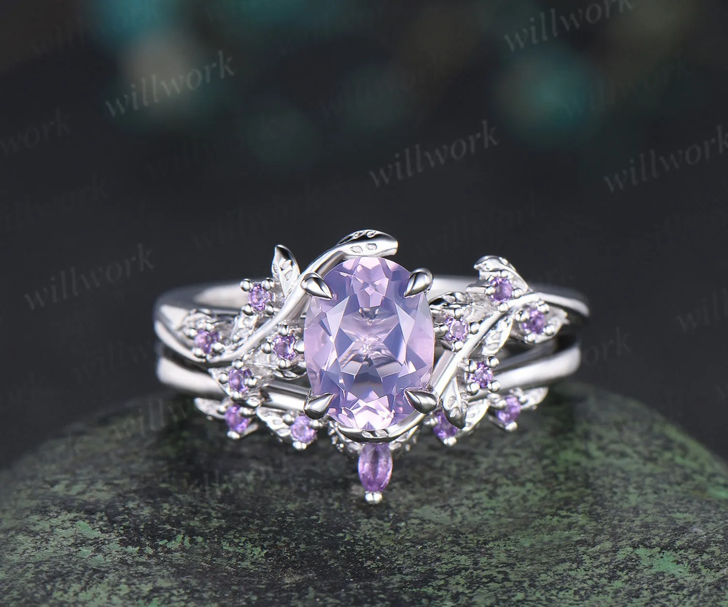 Vintage oval cut Lavender Amethyst engagement ring set amethyst leaf ring curved marquise purple crystal band unique bridal set sold by Willwork Jewelry
