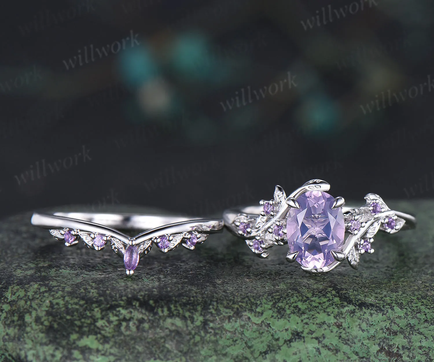 Vintage oval cut Lavender Amethyst engagement ring set amethyst leaf ring curved marquise purple crystal band unique bridal set sold by Willwork Jewelry product image thumbnail 5