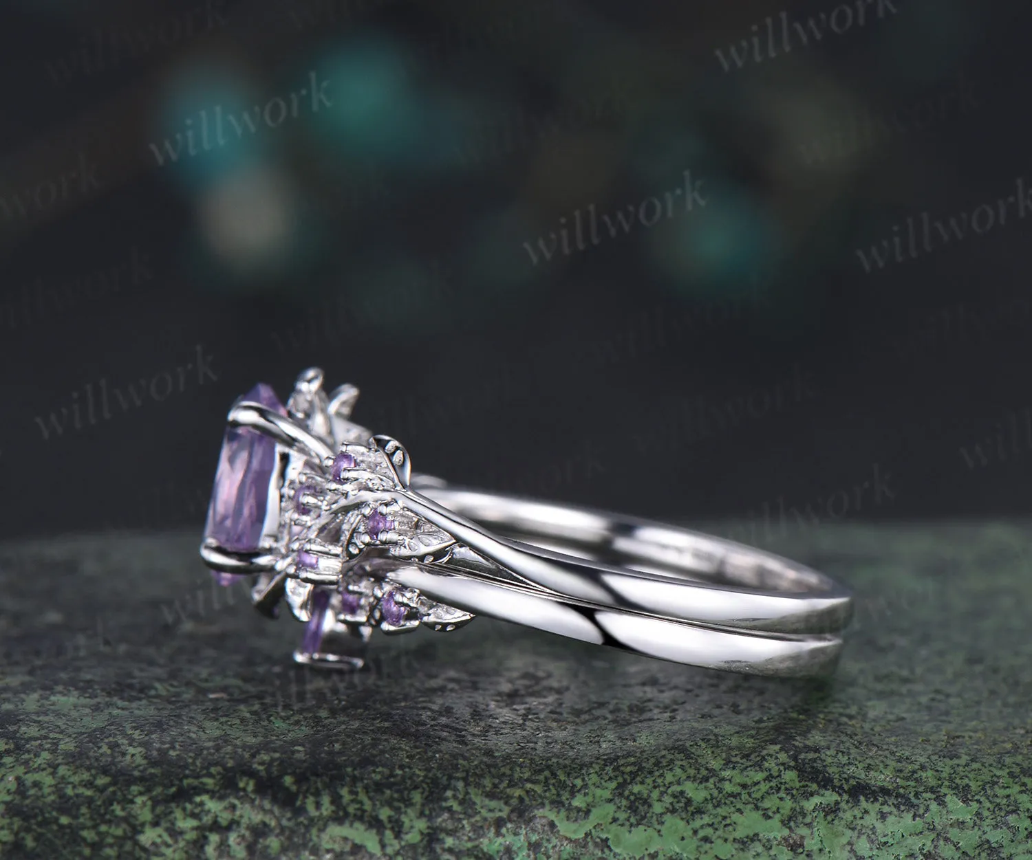 Vintage oval cut Lavender Amethyst engagement ring set amethyst leaf ring curved marquise purple crystal band unique bridal set sold by Willwork Jewelry product image thumbnail 4