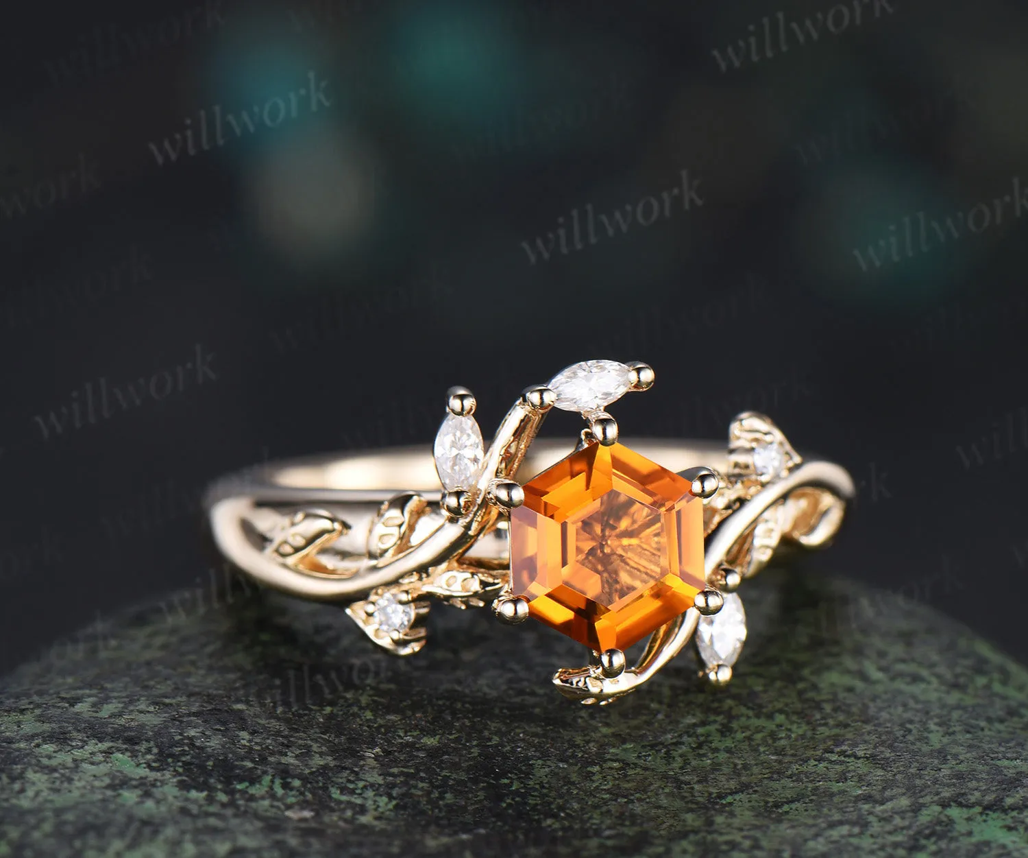 Hexagon cut citrine engagement ring nature inspired leaf marquise moissanite ring wider band unique bridal ring gifts sold by Willwork Jewelry product image thumbnail 3