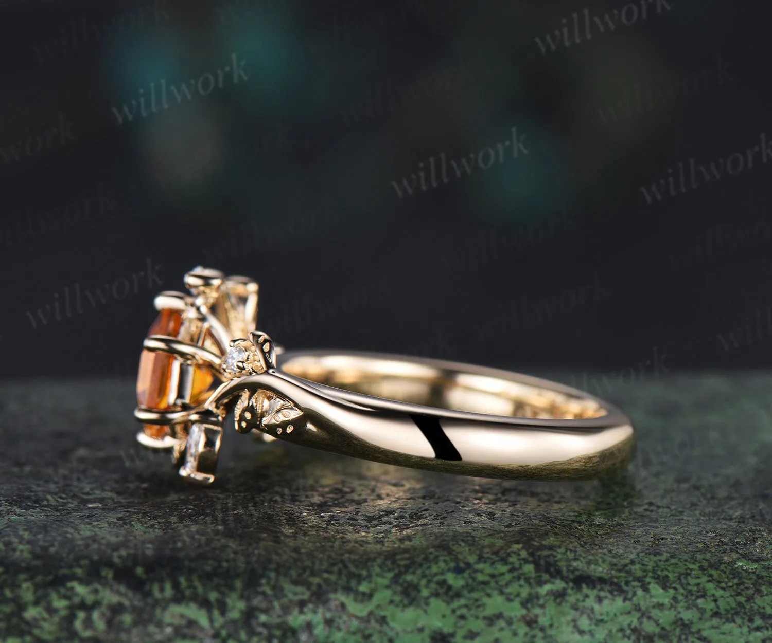 Hexagon cut citrine engagement ring nature inspired leaf marquise moissanite ring wider band unique bridal ring gifts sold by Willwork Jewelry product image thumbnail 5