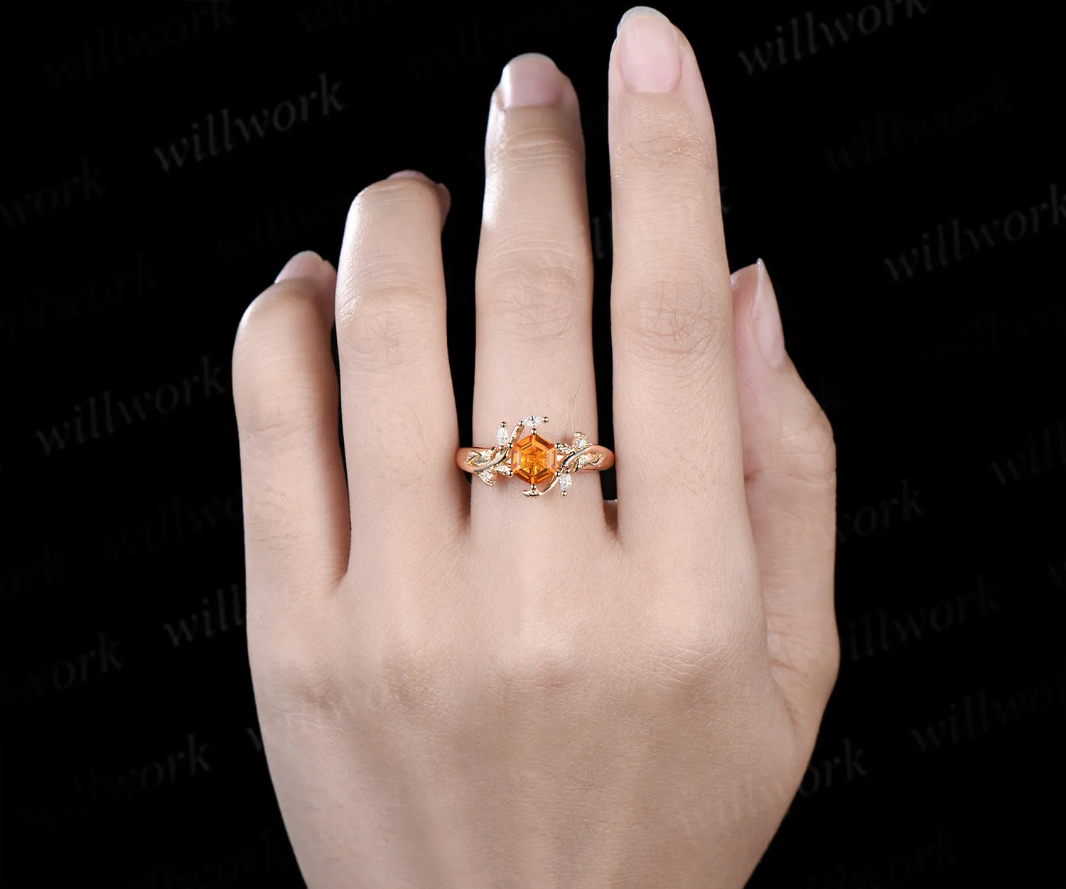 Hexagon cut citrine engagement ring nature inspired leaf marquise moissanite ring wider band unique bridal ring gifts sold by Willwork Jewelry product image thumbnail 2