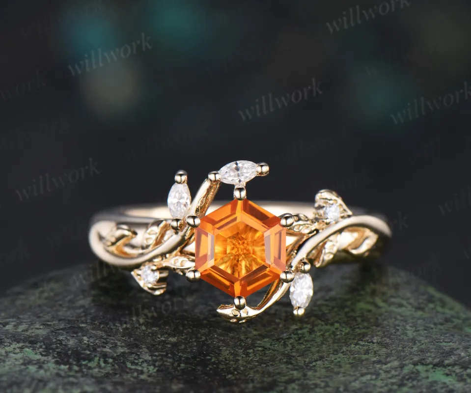Hexagon cut citrine engagement ring nature inspired leaf marquise moissanite ring wider band unique bridal ring gifts sold by Willwork Jewelry