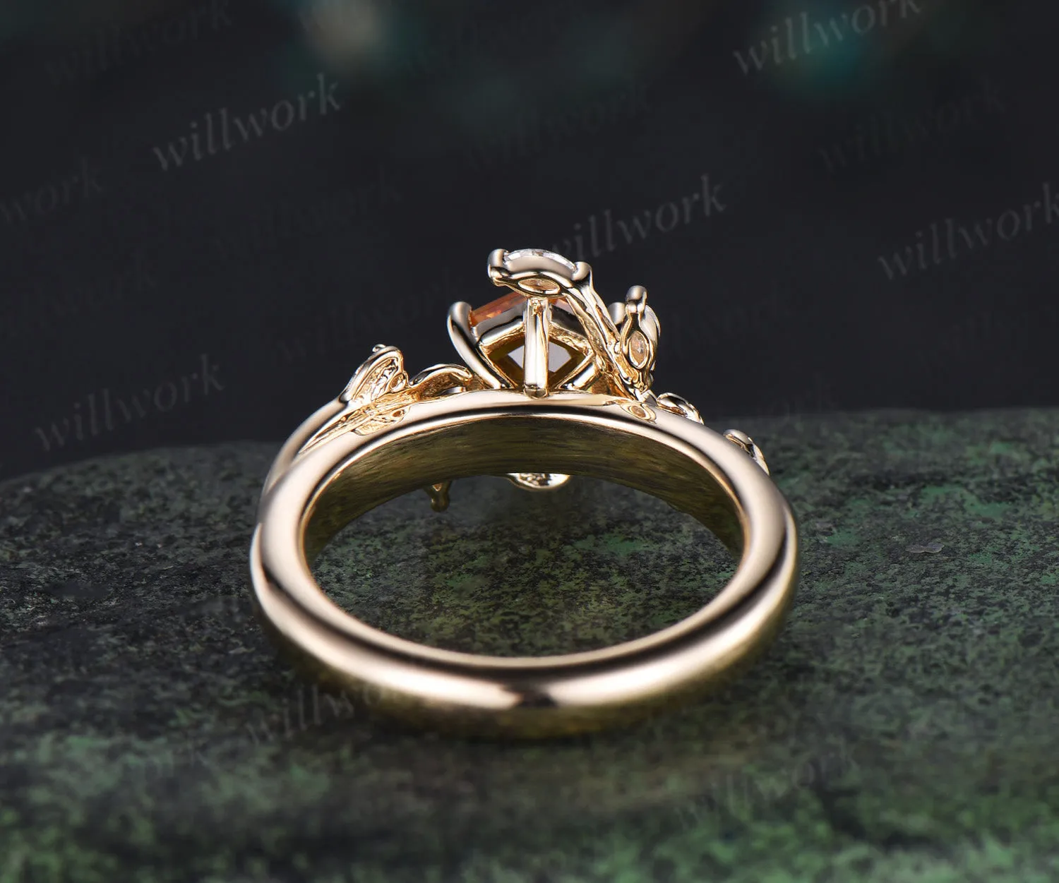 Hexagon cut citrine engagement ring nature inspired leaf marquise moissanite ring wider band unique bridal ring gifts sold by Willwork Jewelry product image thumbnail 4