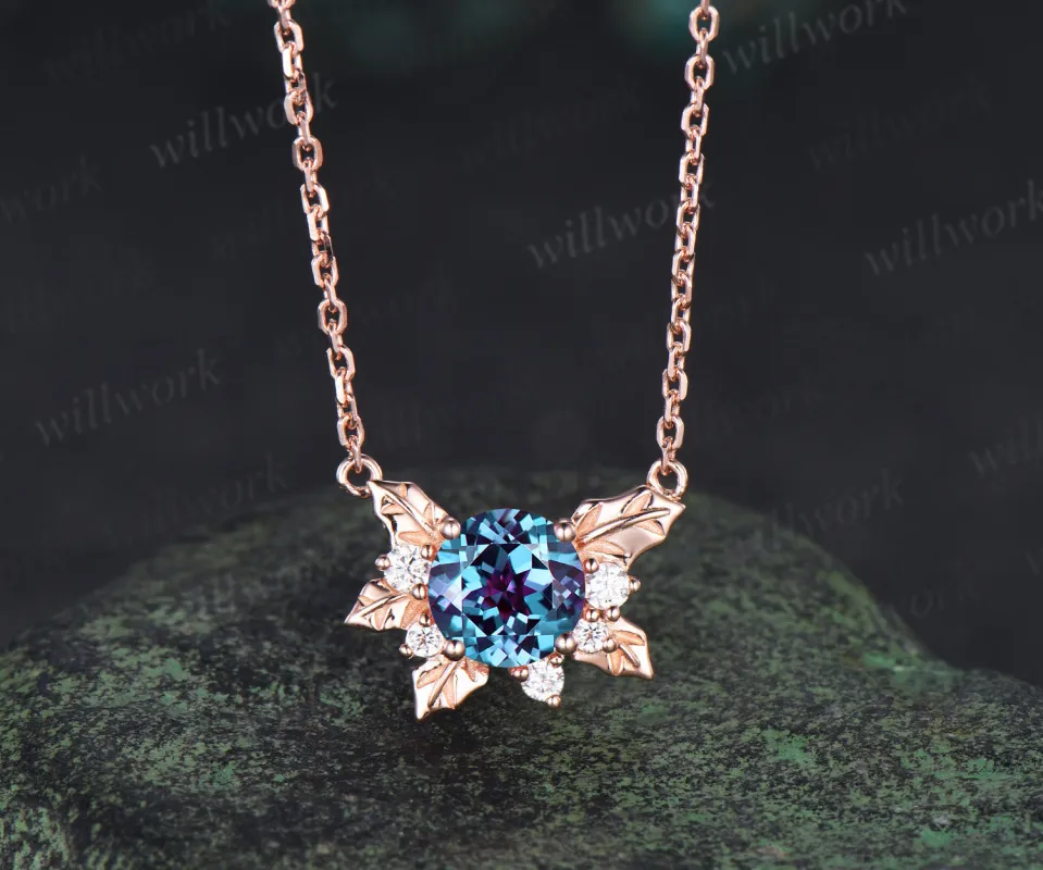Nature inspired round alexandrite leaf pendant necklace color change gemstone moissanite pendant June birthstone gifts sold by Willwork Jewelry