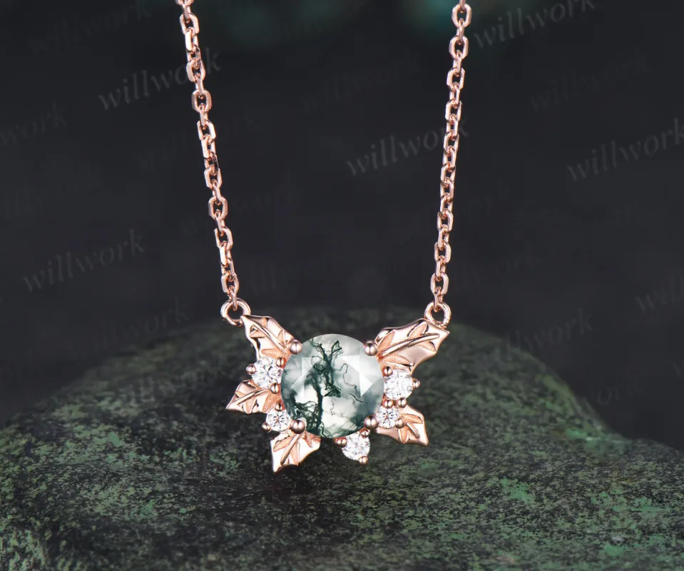 Round moss agate leaf pendant necklace nature inspired moissanite rose gold necklace birthday anniversary gifts sold by Willwork Jewelry