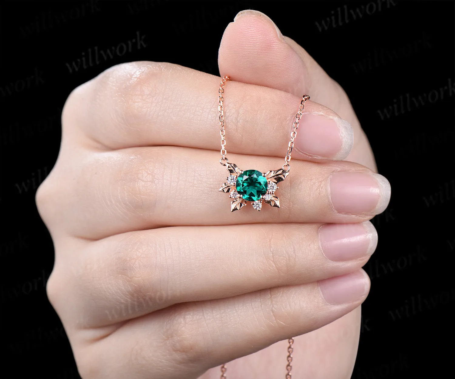 Round emerald leaf pendant necklace nature inspired moissanite rose gold necklace jewelry gifts for women sold by Willwork Jewelry product image thumbnail 5