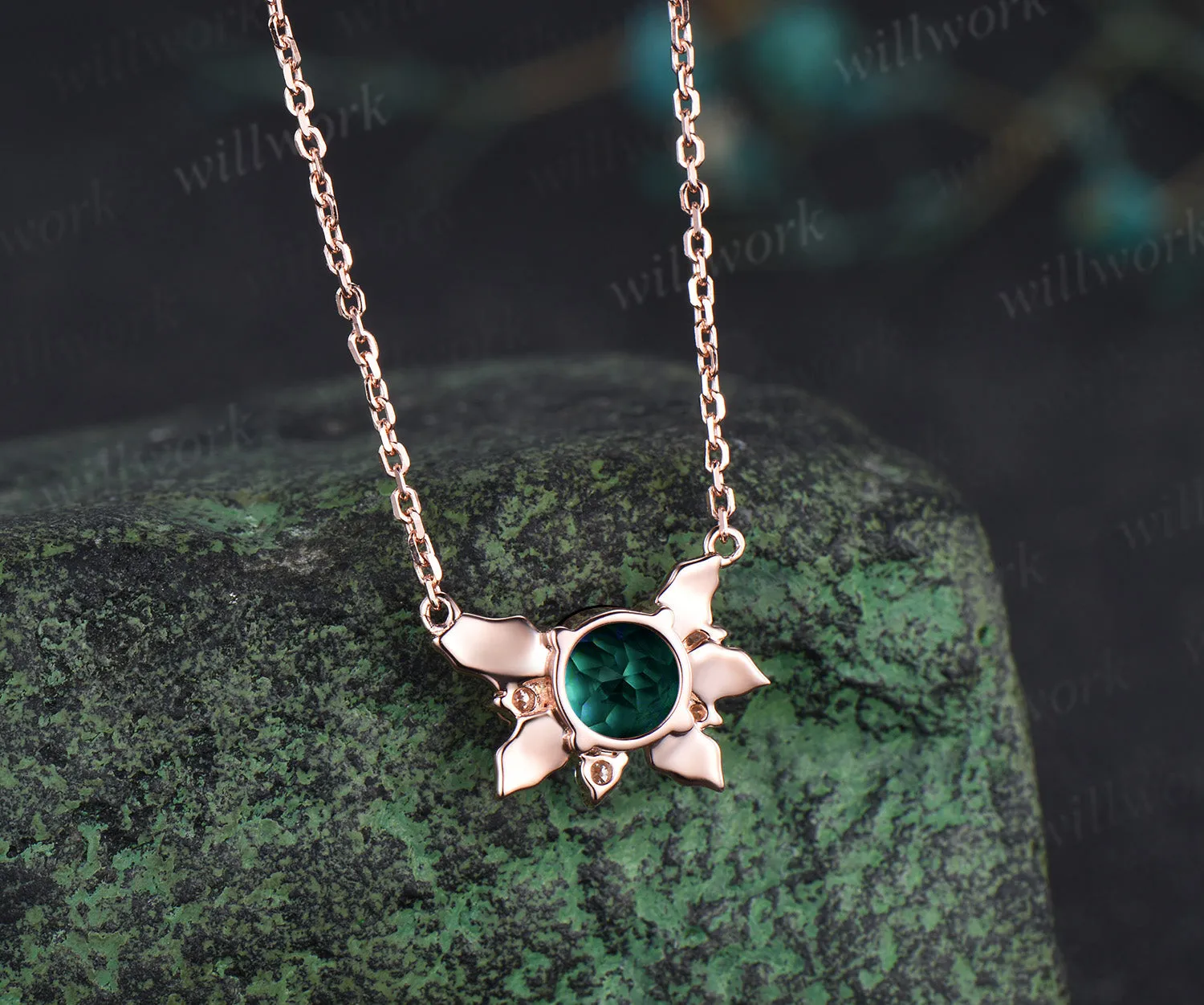 Round emerald leaf pendant necklace nature inspired moissanite rose gold necklace jewelry gifts for women sold by Willwork Jewelry product image thumbnail 2