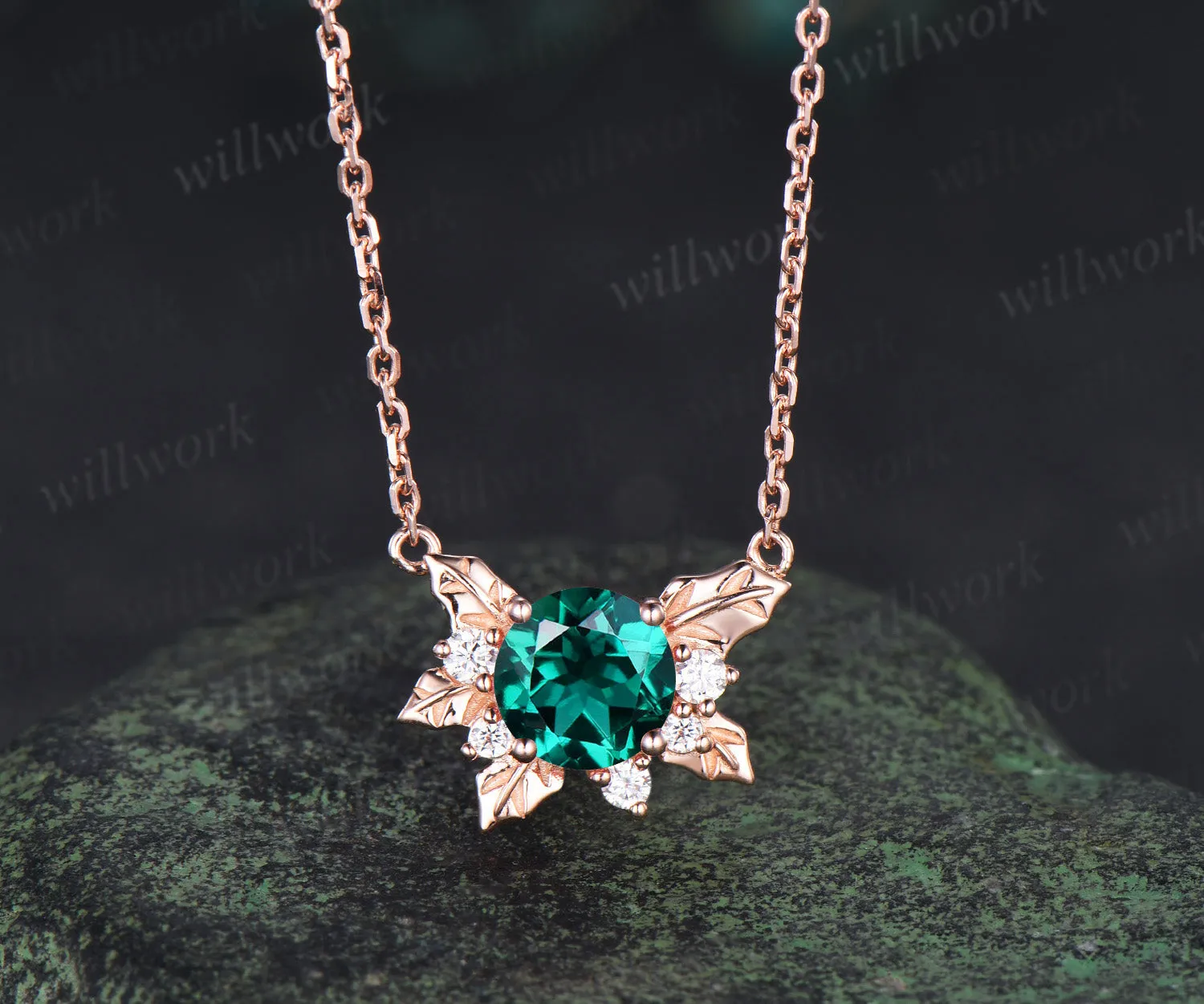 Round emerald leaf pendant necklace nature inspired moissanite rose gold necklace jewelry gifts for women sold by Willwork Jewelry