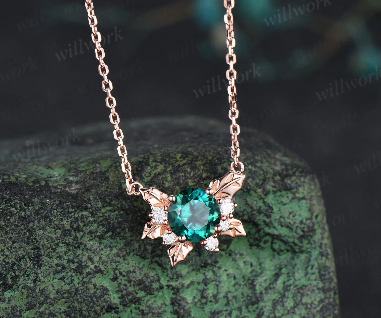 Round emerald leaf pendant necklace nature inspired moissanite rose gold necklace jewelry gifts for women sold by Willwork Jewelry product image thumbnail 3