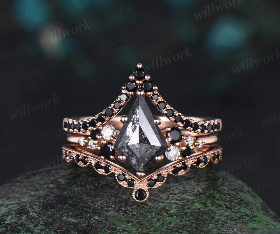 Unique kite cut salt and pepper diamond engagement ring rose gold snowdrift black diamond stacking wedding ring set women sold by Willwork Jewelry