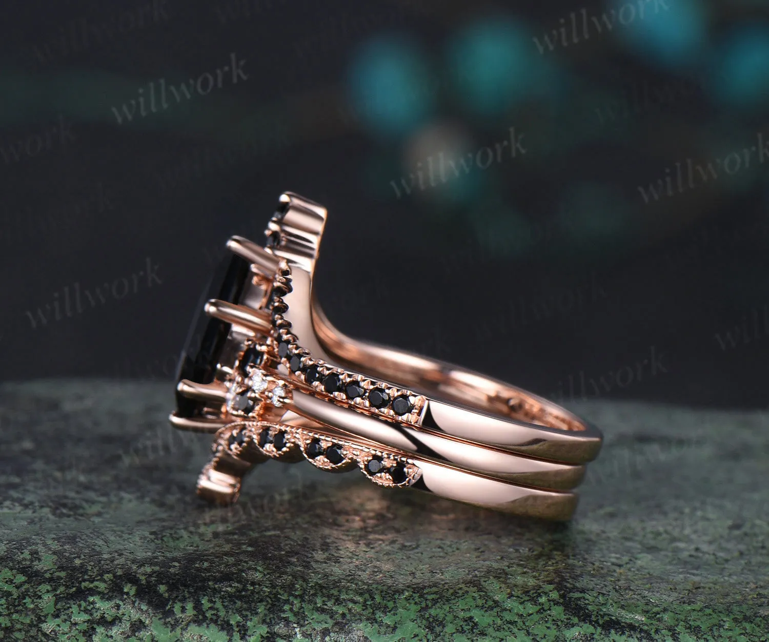 Unique kite cut salt and pepper diamond engagement ring rose gold snowdrift black diamond stacking wedding ring set women sold by Willwork Jewelry product image thumbnail 4