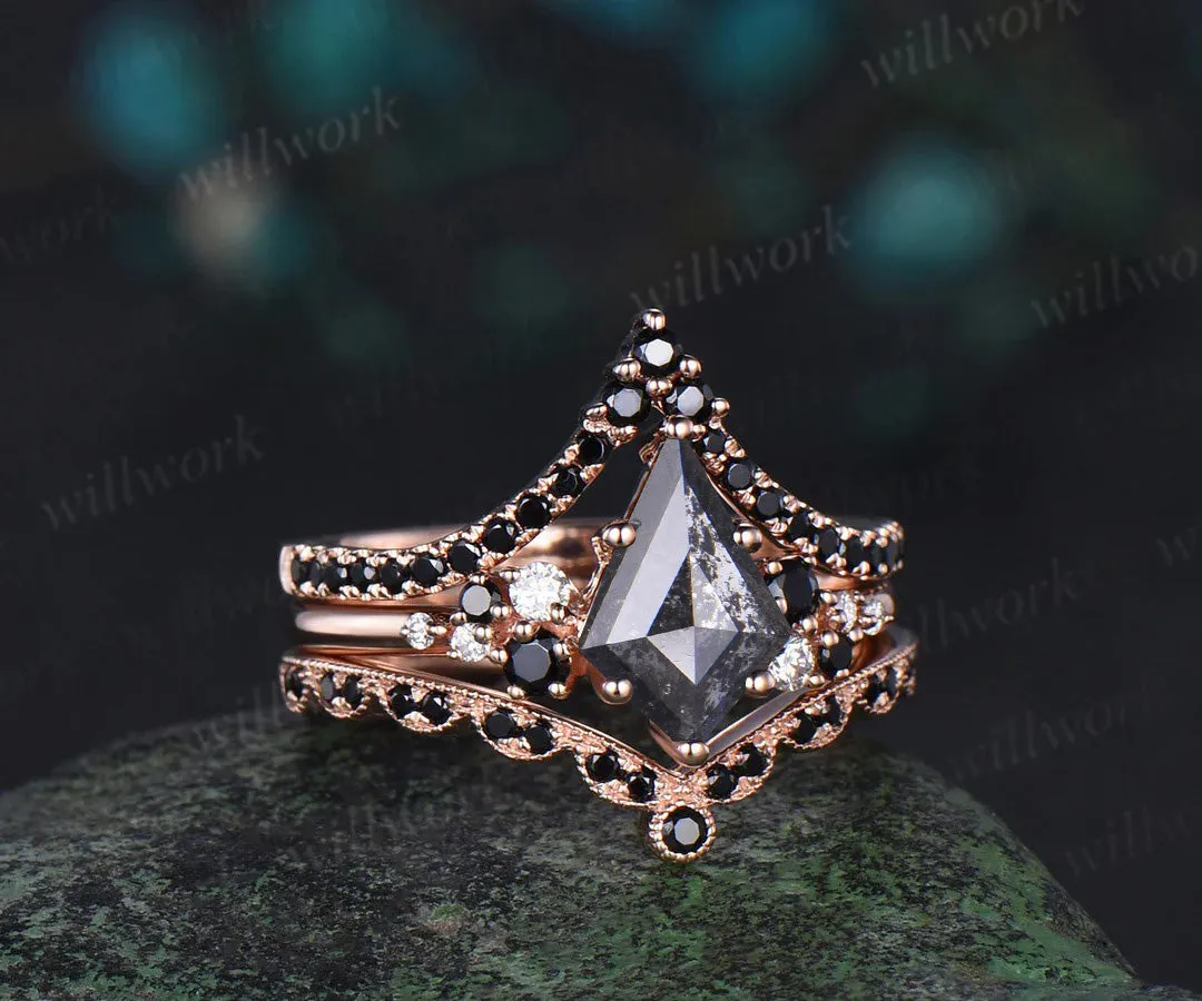 Unique kite cut salt and pepper diamond engagement ring rose gold snowdrift black diamond stacking wedding ring set women sold by Willwork Jewelry product image thumbnail 2