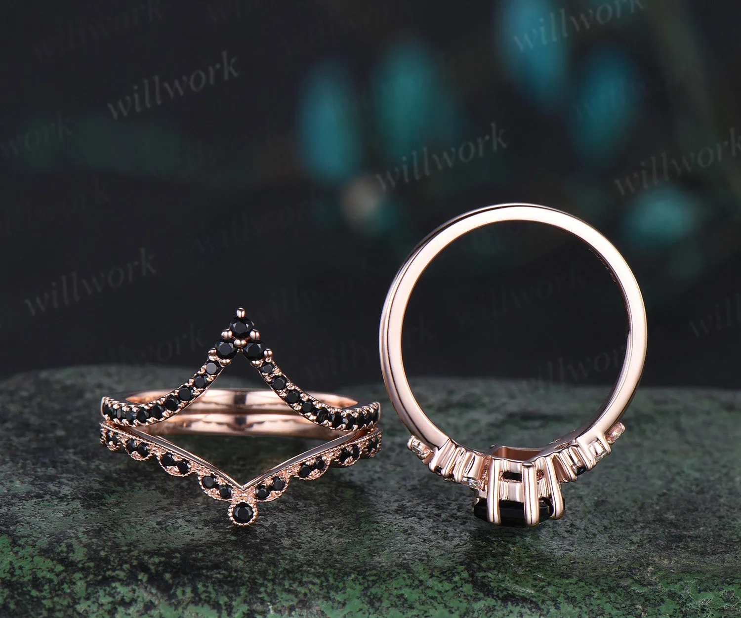 Unique kite cut salt and pepper diamond engagement ring rose gold snowdrift black diamond stacking wedding ring set women sold by Willwork Jewelry product image thumbnail 3