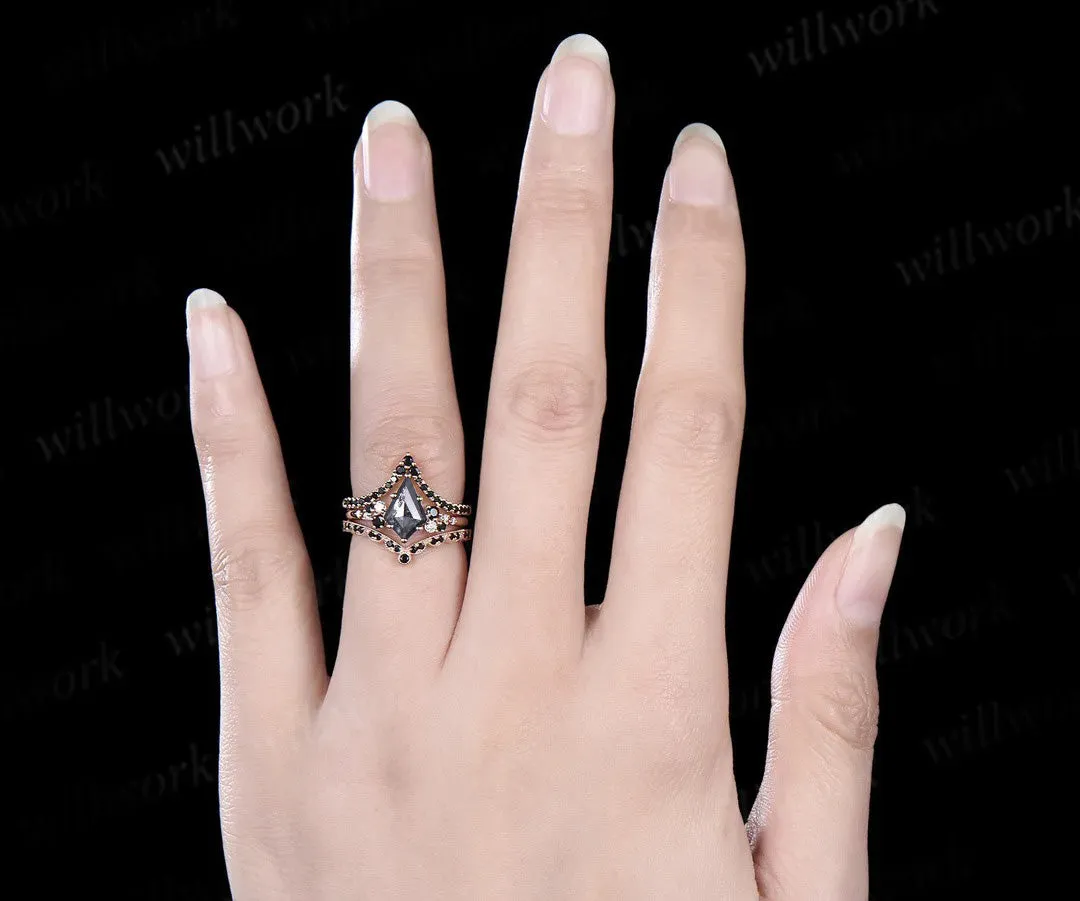 Unique kite cut salt and pepper diamond engagement ring rose gold snowdrift black diamond stacking wedding ring set women sold by Willwork Jewelry product image thumbnail 5