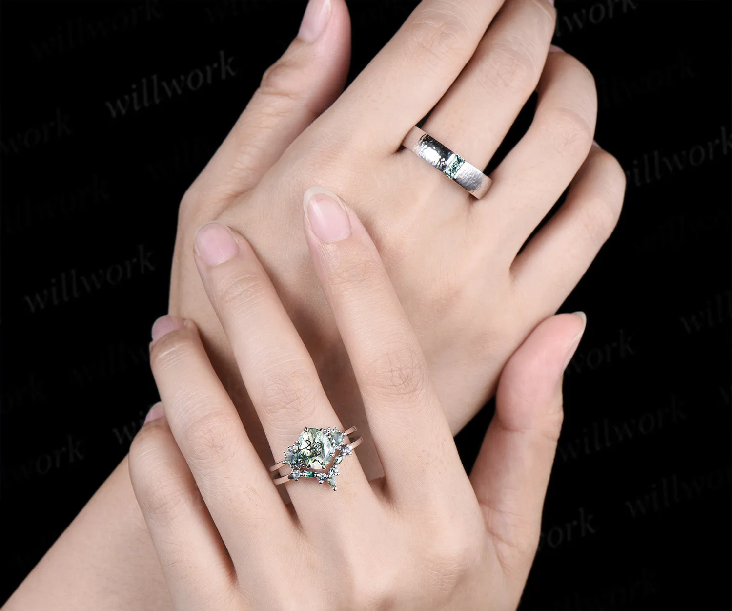 Oval Moss Agate Alexandrite Moss Agate Clusters Ring Set & Baguette Moss Agate Hammered Men Wedding Ring Enchanting Couple Ring Set sold by Willwork Jewelry product image thumbnail 2