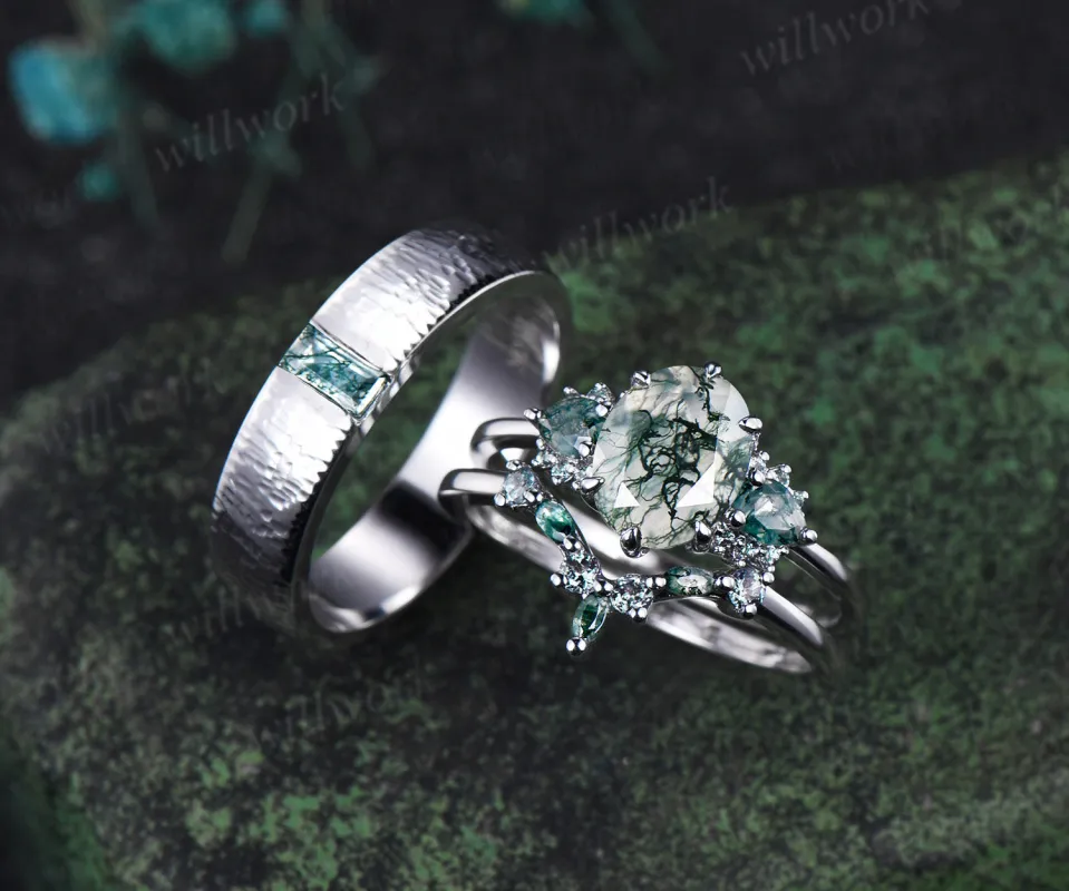 Oval Moss Agate Alexandrite Moss Agate Clusters Ring Set & Baguette Moss Agate Hammered Men Wedding Ring Enchanting Couple Ring Set sold by Willwork Jewelry