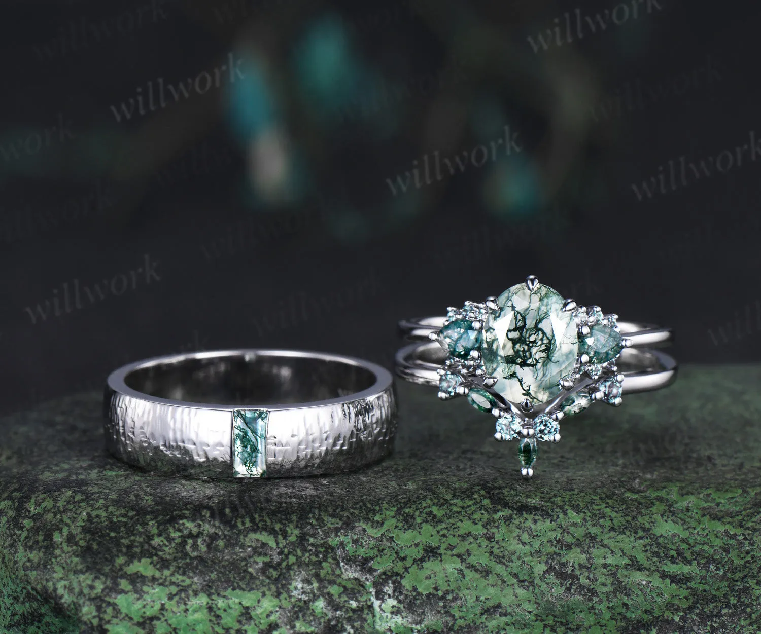 Oval Moss Agate Alexandrite Moss Agate Clusters Ring Set & Baguette Moss Agate Hammered Men Wedding Ring Enchanting Couple Ring Set sold by Willwork Jewelry product image thumbnail 4